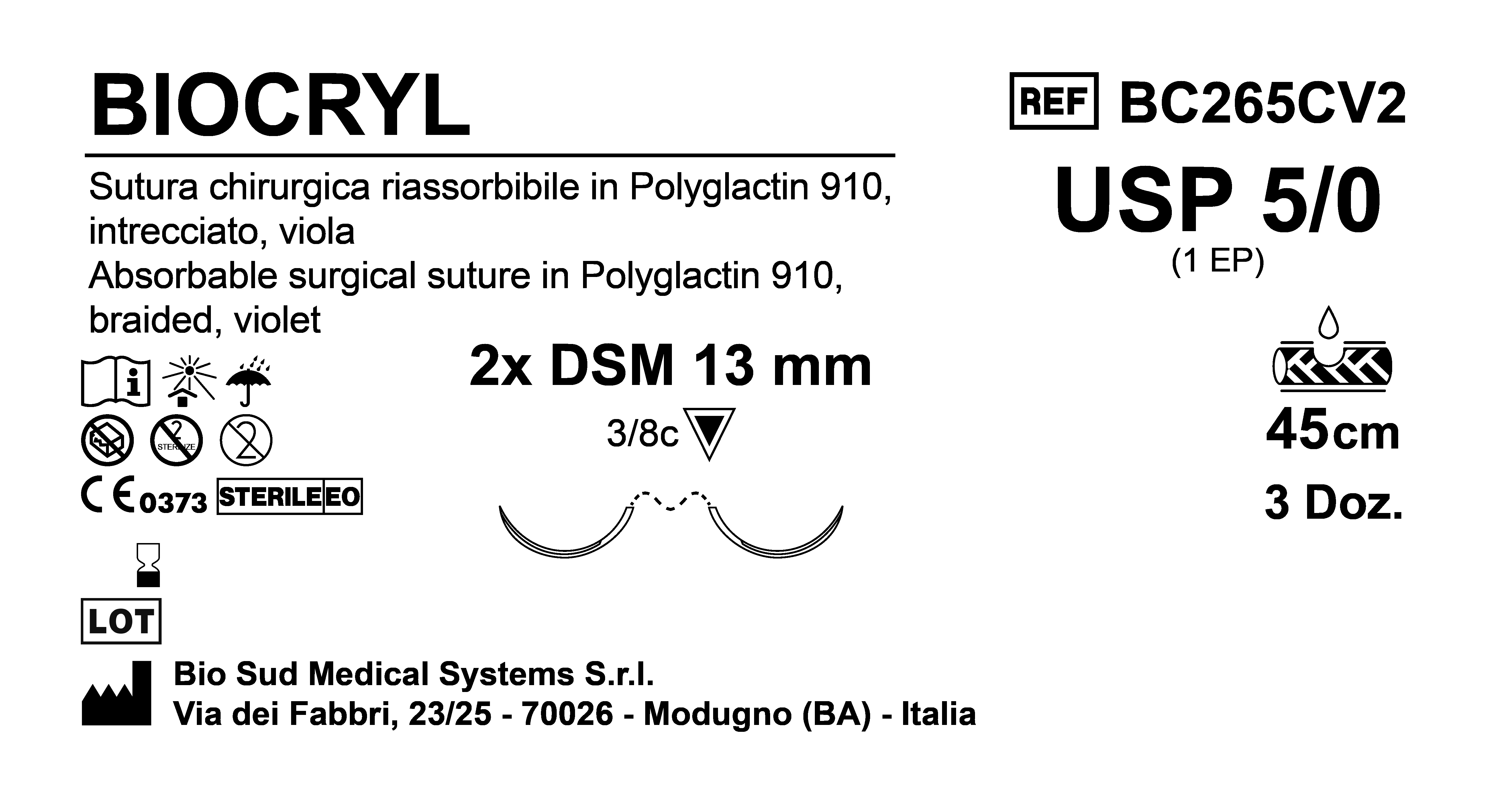Sutura Biocryl DSM 13 USP 5-0 - EP 1 45 cm Violet Double Armed  Box 36 pcs