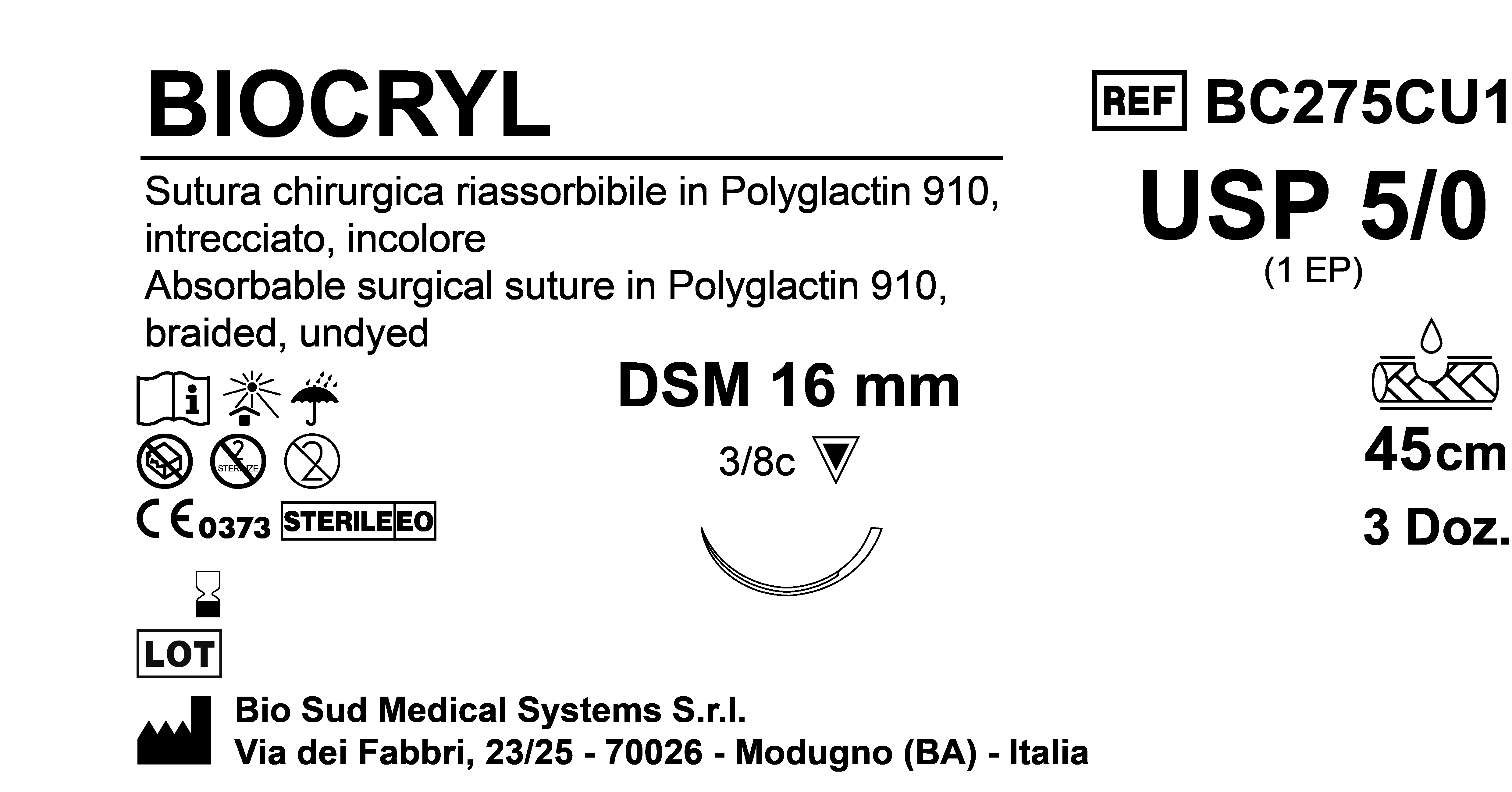 Sutura Biocryl DSM16 USP 5-0 - EP 1 45 cm Undyed Box 36 pcs