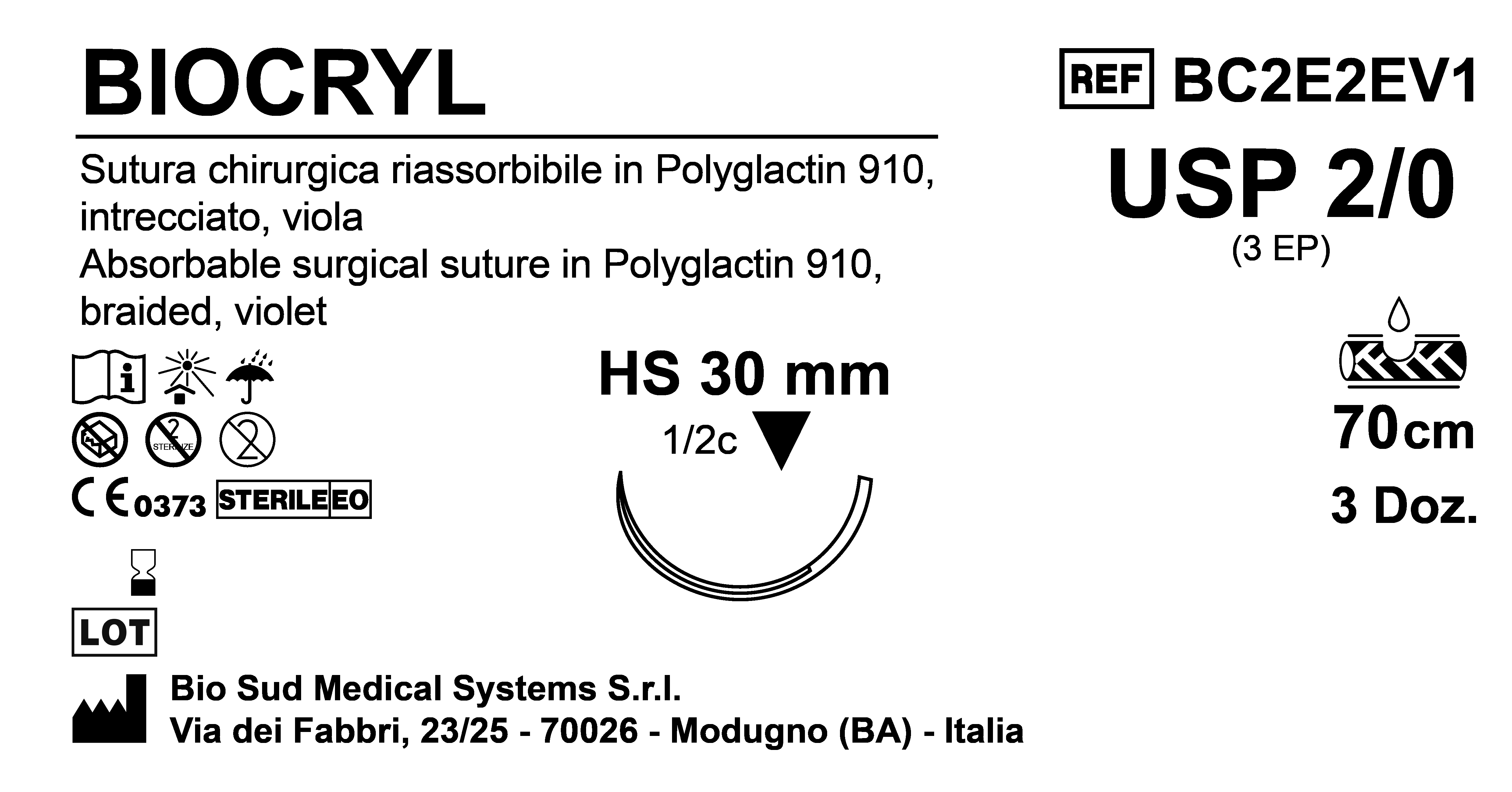 Sutura Biocryl HS30 USP 2-0 - EP 3 70 cm Violet Box 36 pcs