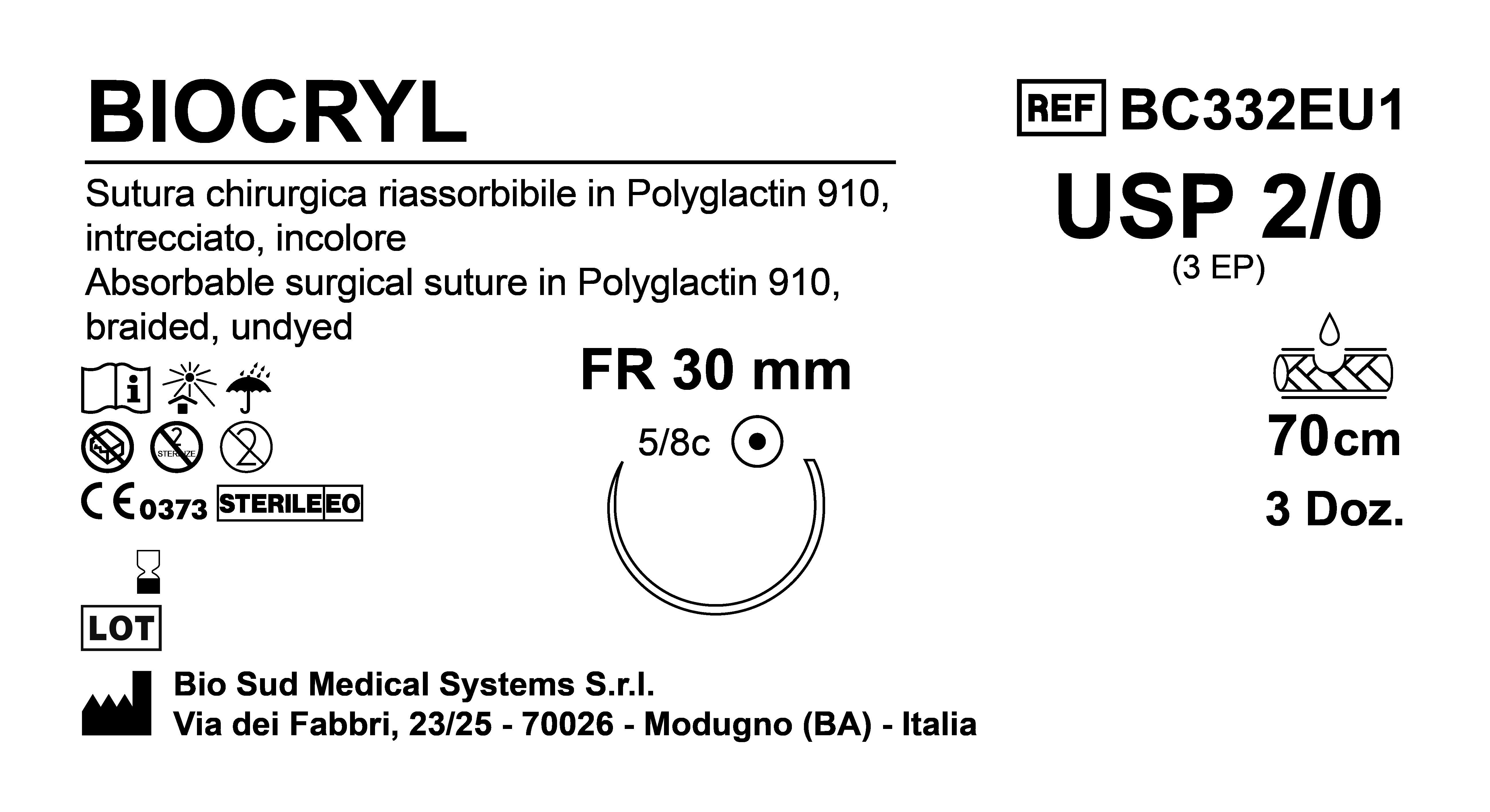 Sutura Biocryl FR30 USP 2-0 - EP 3 70 cm Undyed Box 36 pcs
