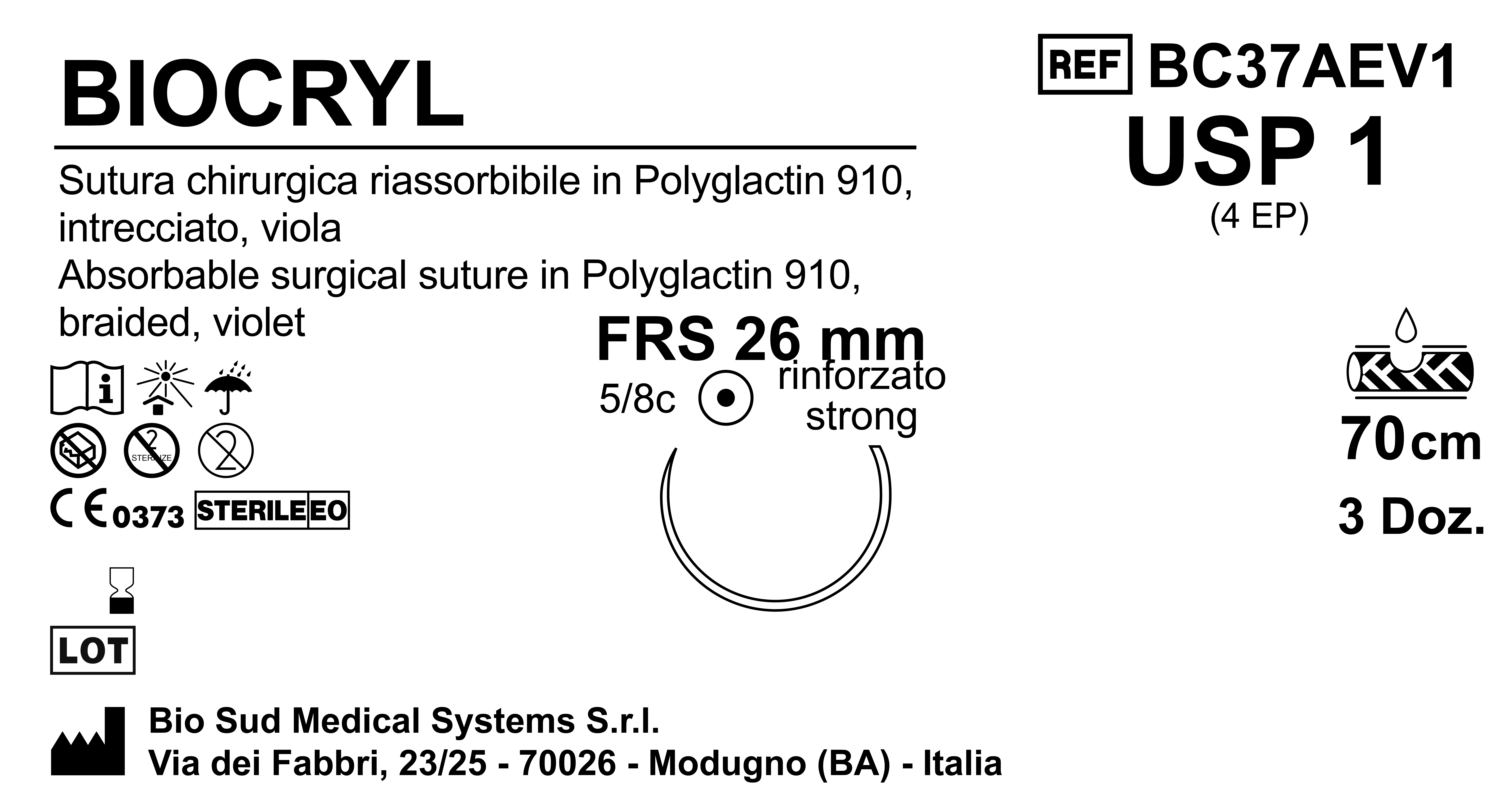 Sutura Biocryl FRS26 USP 1 - EP 4 70 cm Violet Box 36 pcs