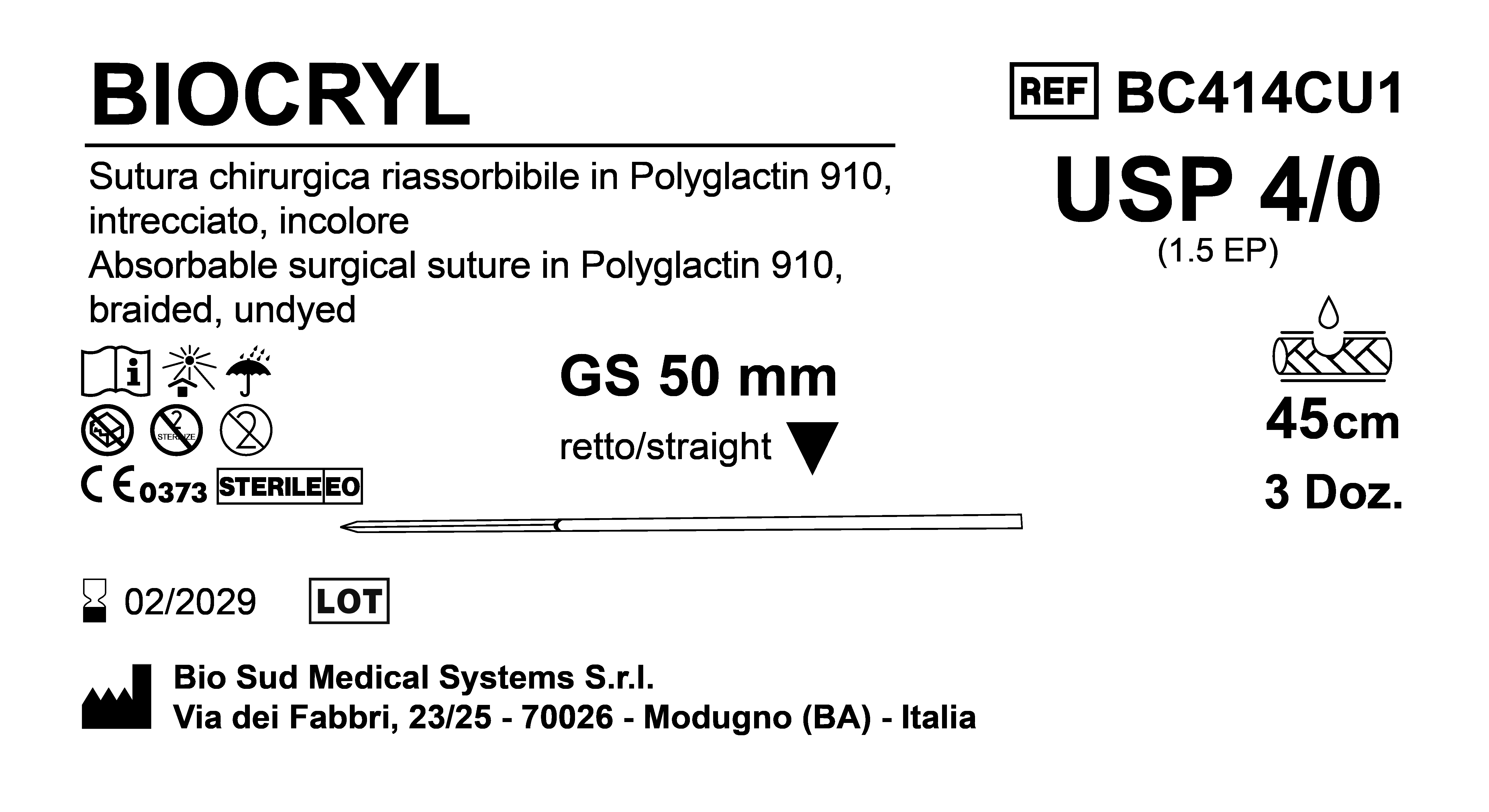 Sutura Biocryl GS 50 USP 4-0  - EP 1.5 45 cm Undyed Box 36 pcs