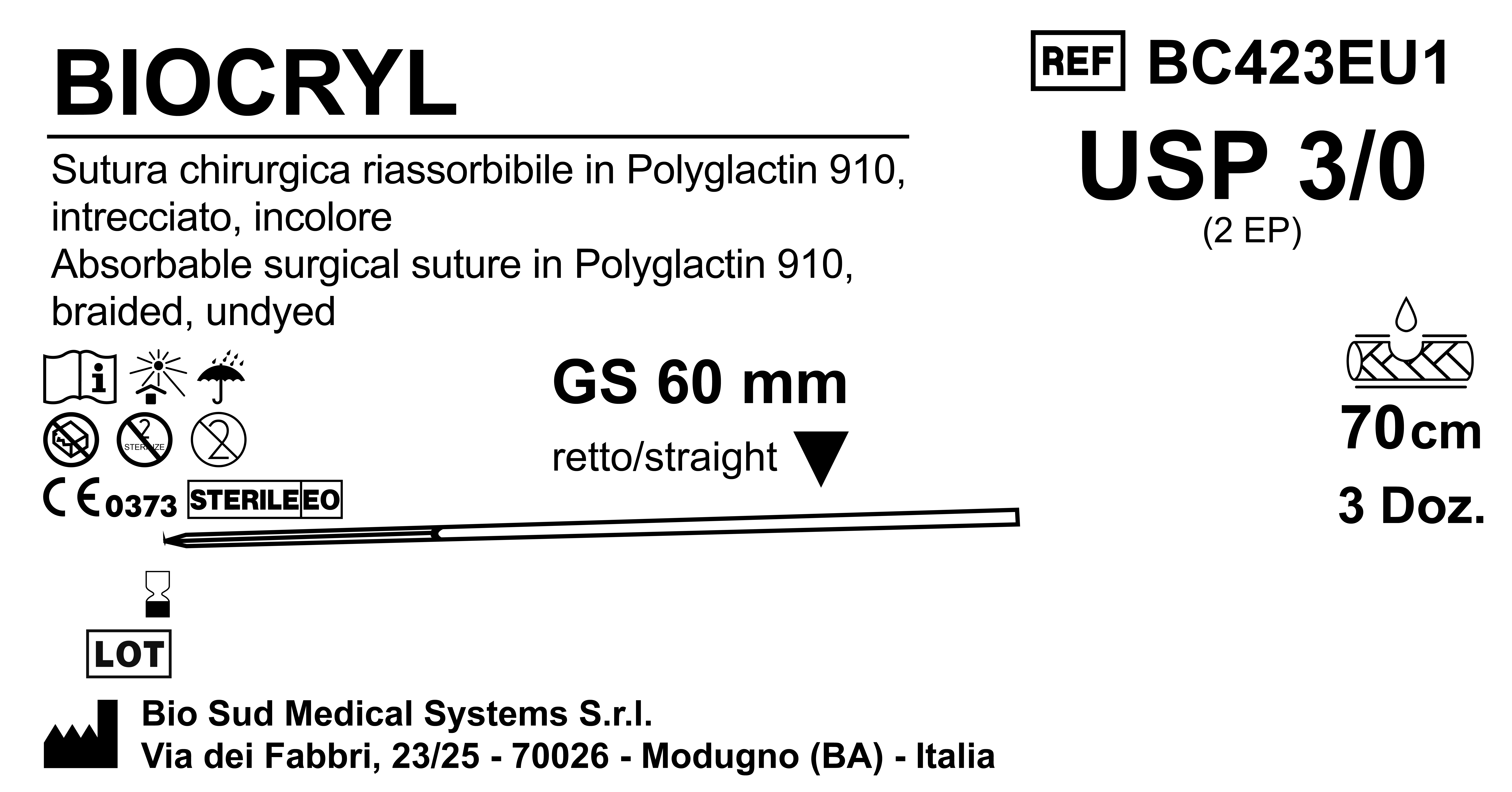 Sutura Biocryl GS60 USP 3-0 - EP 2 70 cm Undyed Box 36 pcs