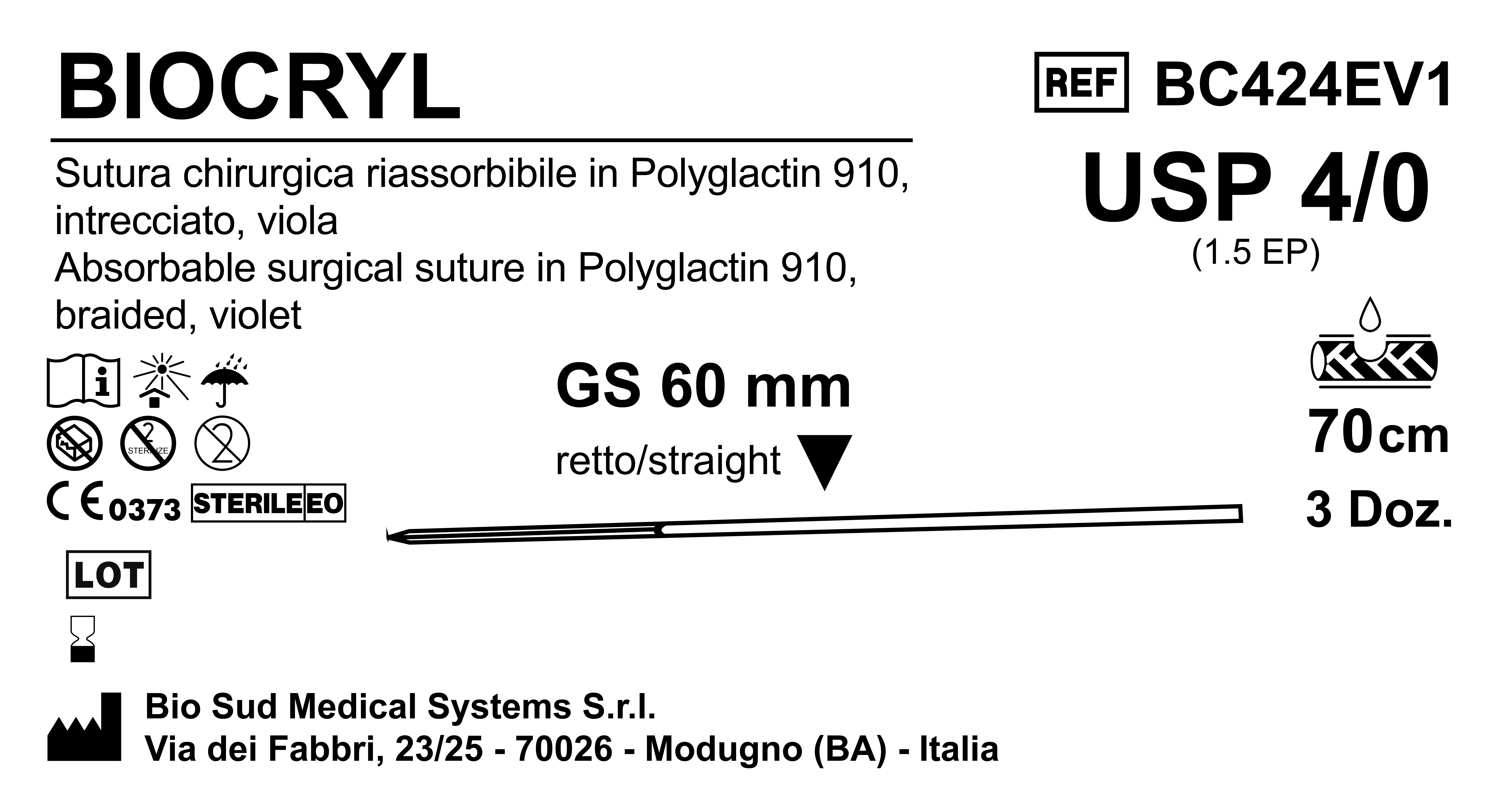 Sutura Biocryl GS60 USP 4-0  - EP 1.5 70 cm Violet Box 36 pcs