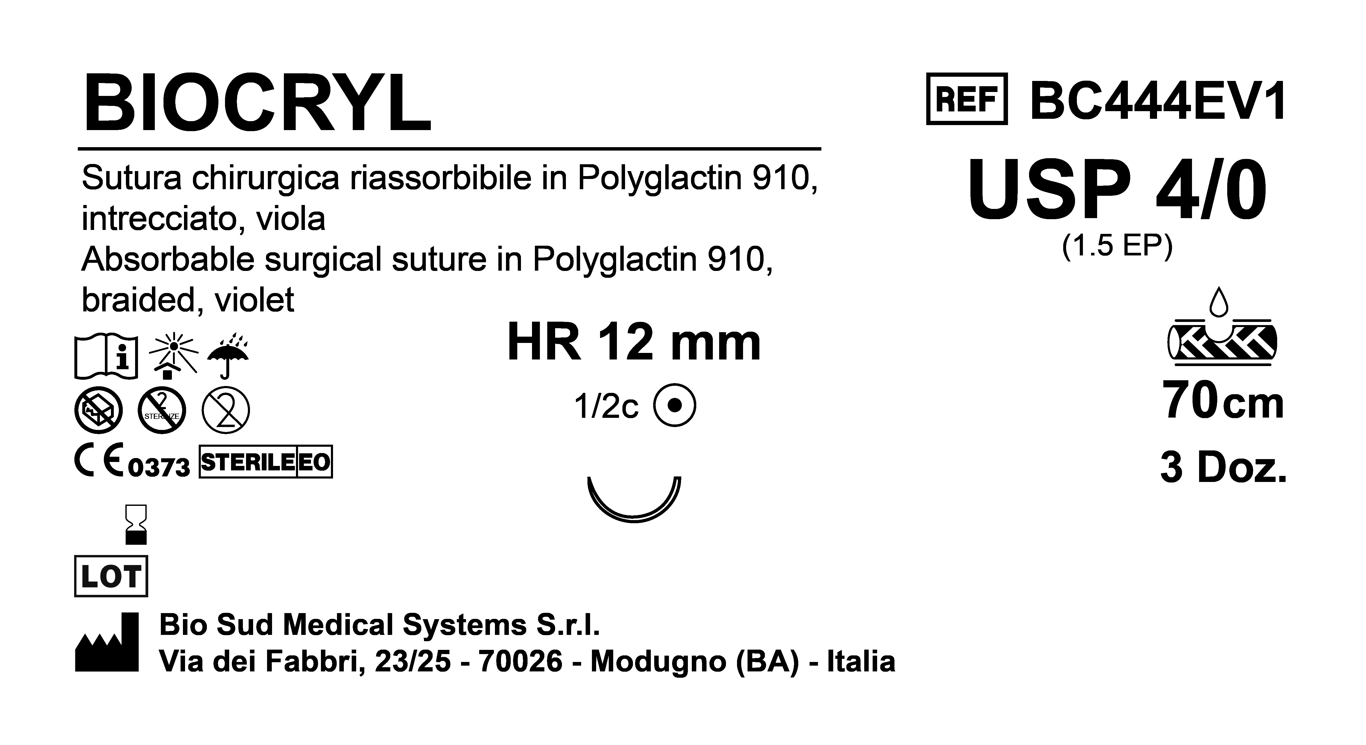 Sutura Biocryl HR12 USP 4-0  - EP 1.5 70 cm Violet Box 36 pcs