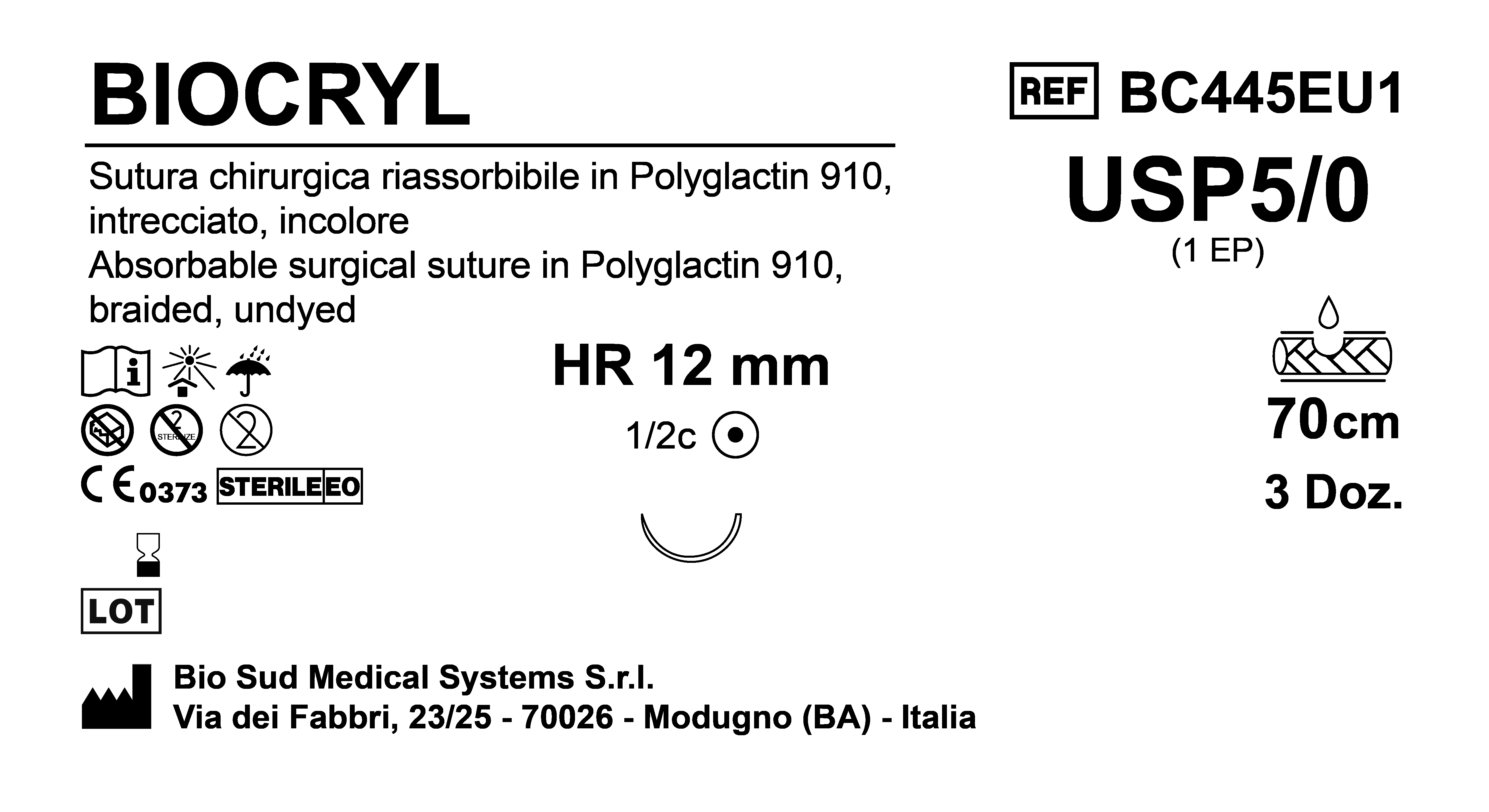 Sutura Biocryl HR12 USP 5-0 - EP 1 70 cm Undyed Box 36 pcs