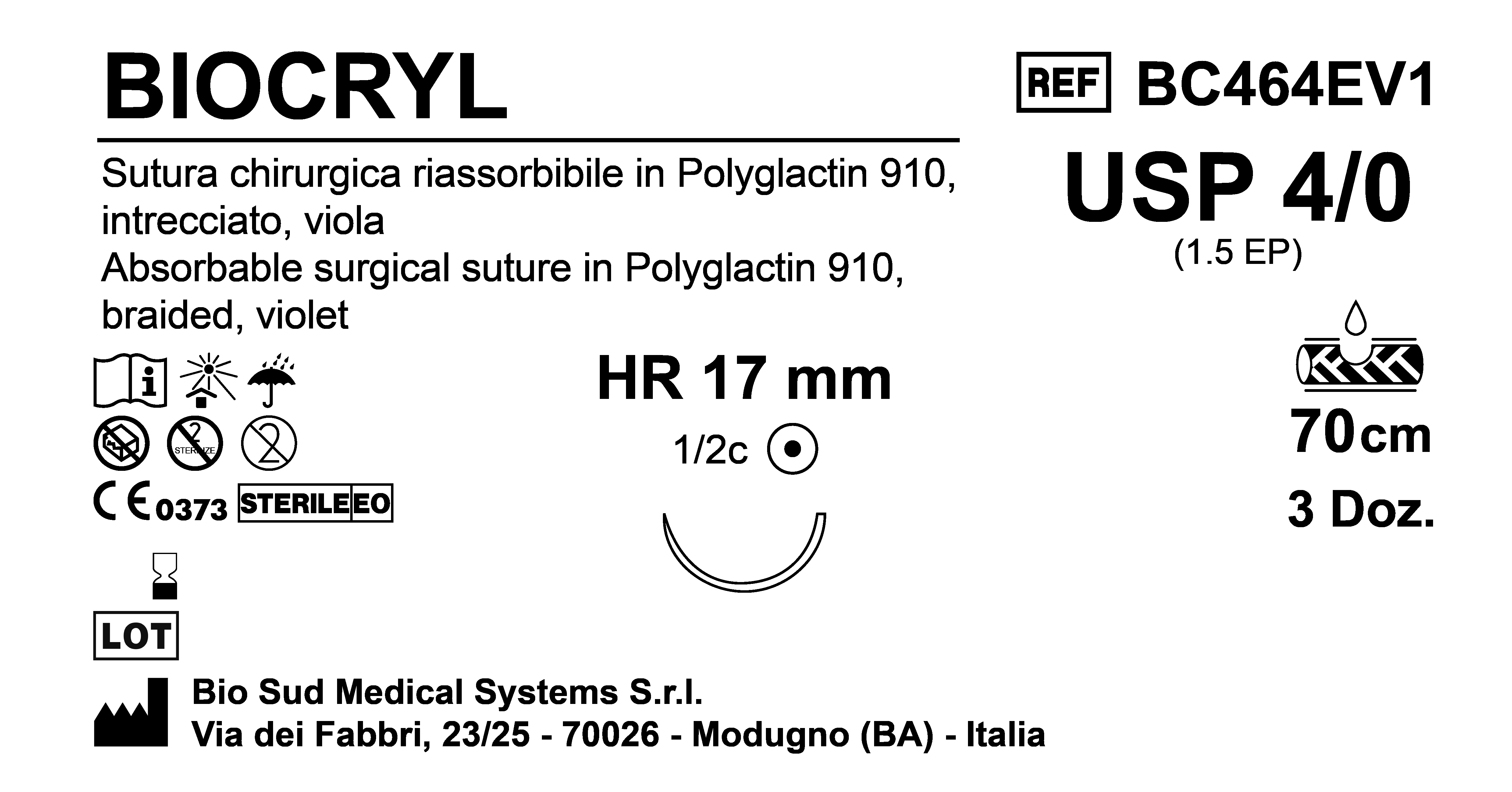Sutura Biocryl HR17 USP 4-0  - EP 1.5 70 cm Violet Box 36 pcs