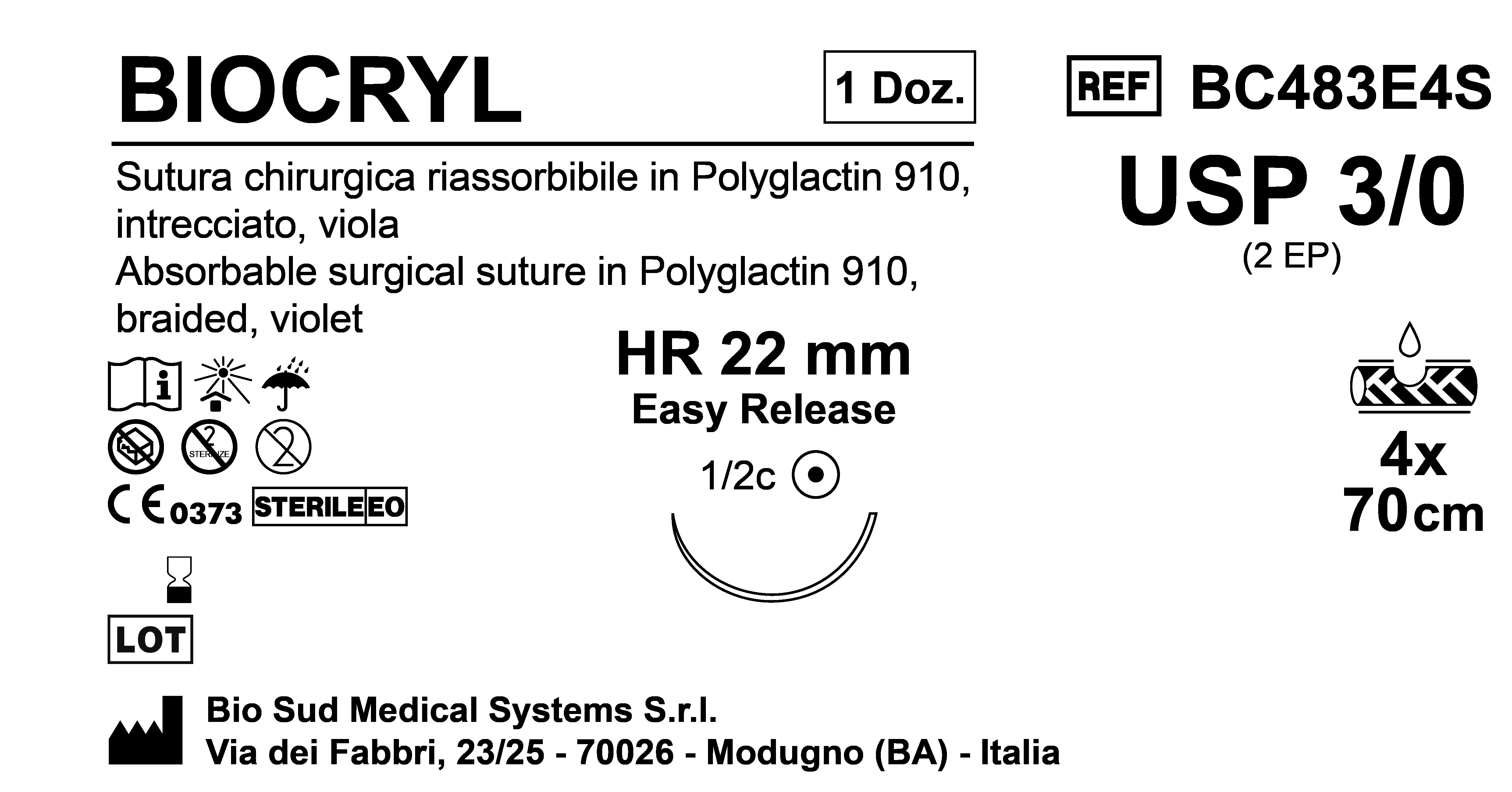 Sutura Biocryl HR 22 USP 3-0 - EP 2 70 cm 4 Threads Violet Easy Release Box 12pcs
