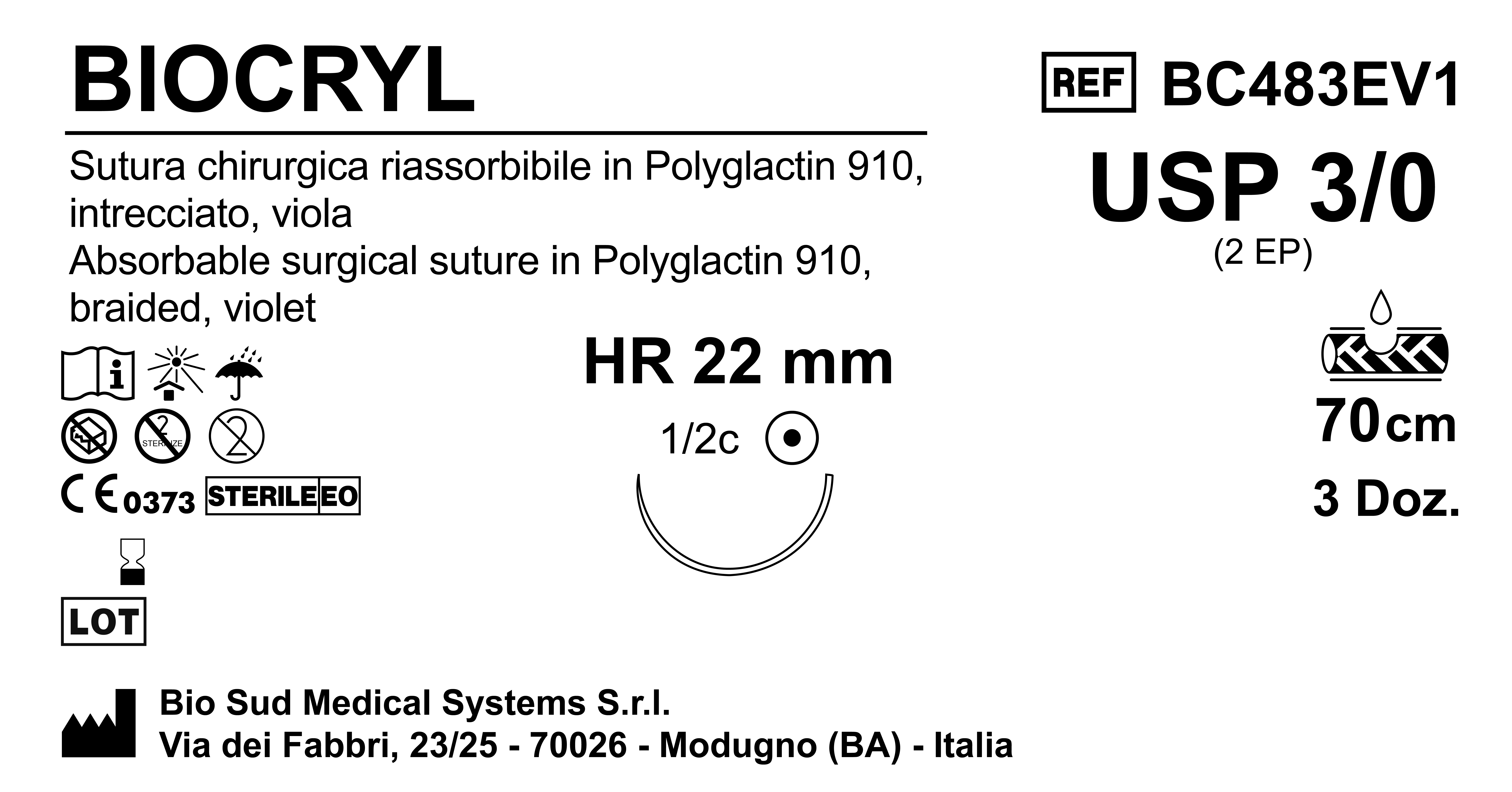 Sutura Biocryl HR22 USP 3-0 - EP 2 70 cm Violet Box 36 pcs
