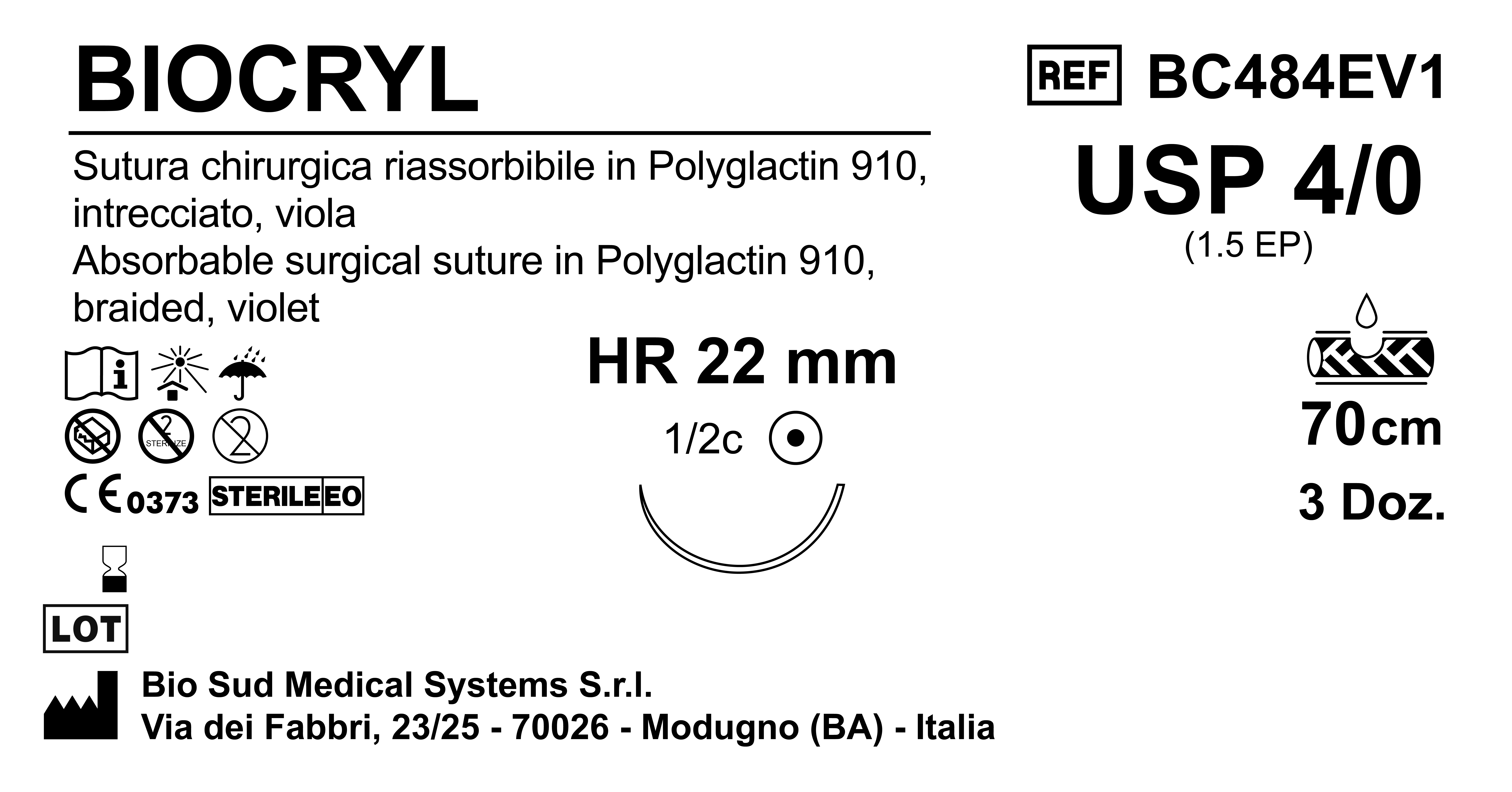 Sutura Biocryl HR22 USP 4-0  - EP 1.5 70 cm Violet Box 36 pcs