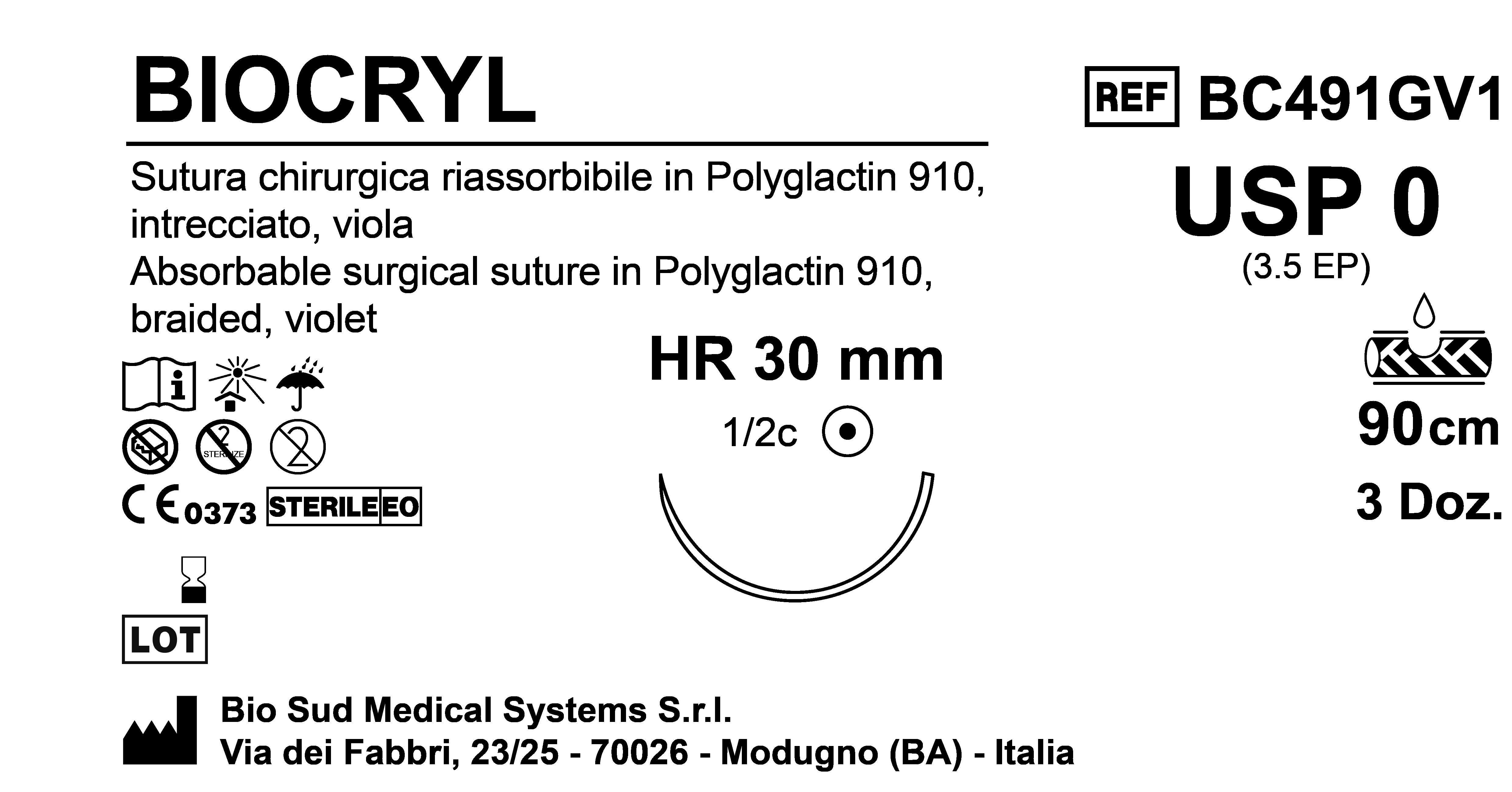 Sutura Biocryl HR30 USP 0 - EP 3.5 90 cm Violet Box 36 pcs
