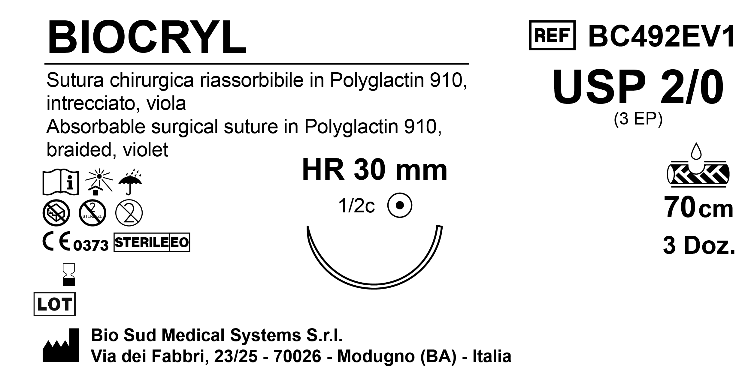 Sutura Biocryl HR30 USP 2-0 - EP 3 70 cm Violet Box 36 pcs