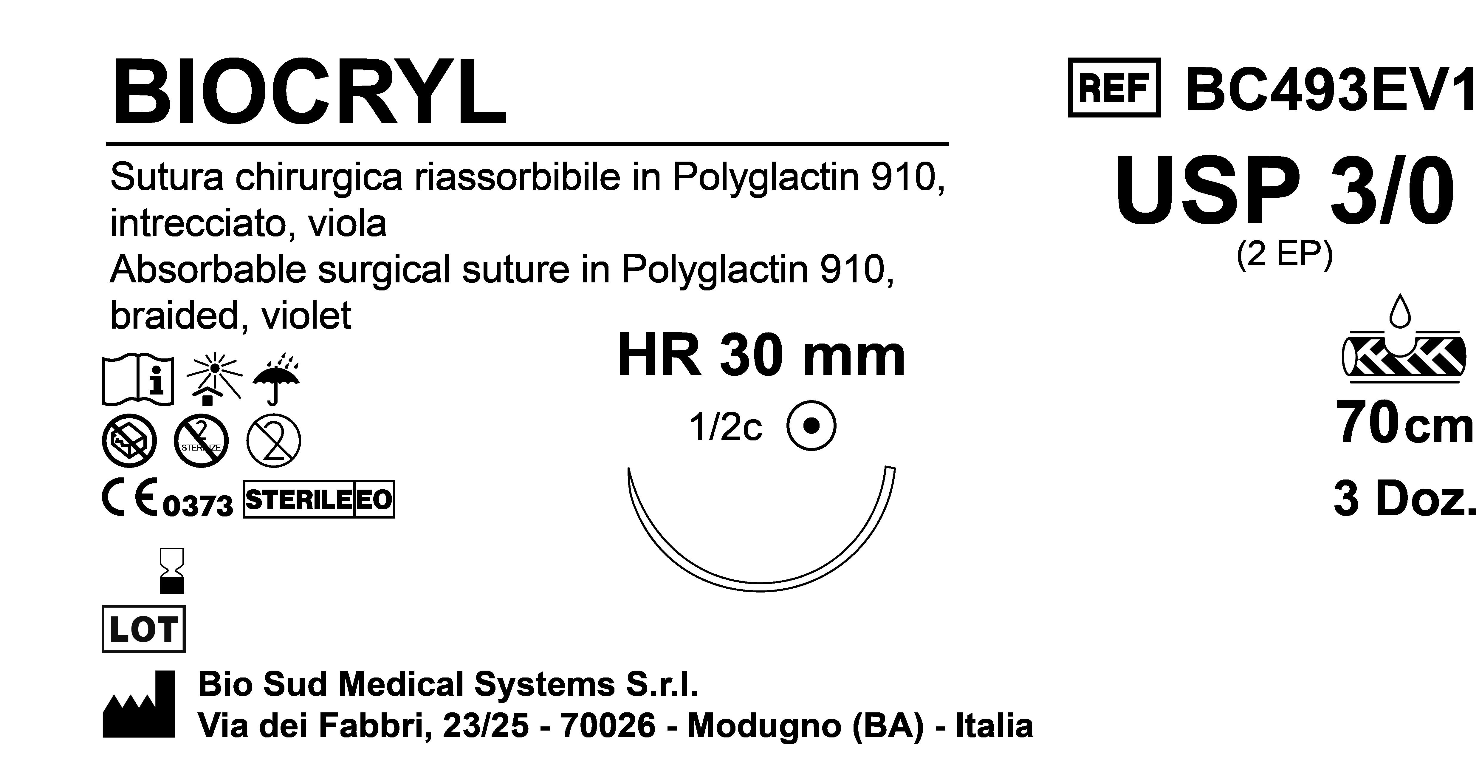 Sutura Biocryl HR30 USP 3-0 - EP 2 70 cm Violet Box 36 pcs