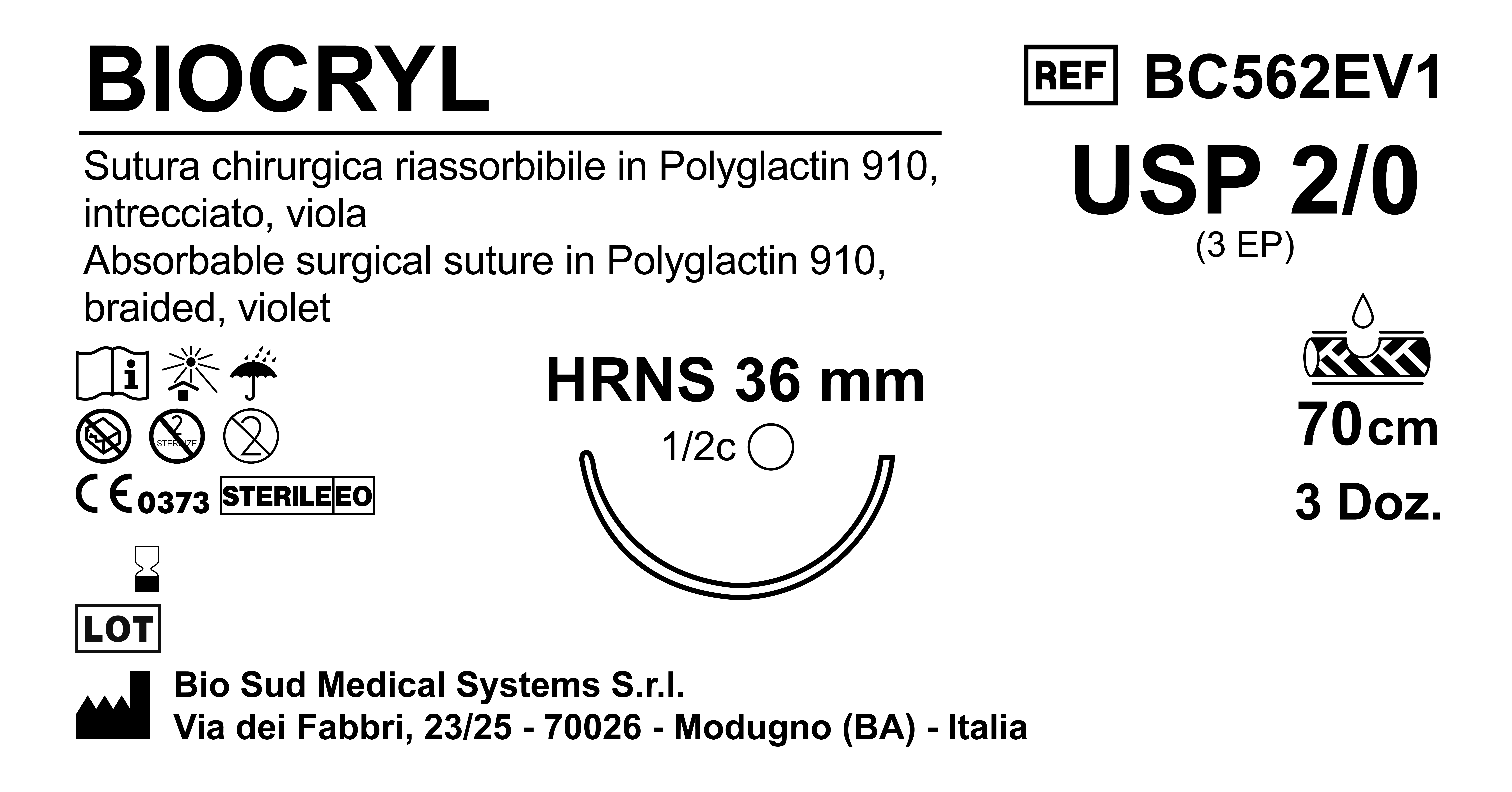 Sutura Biocryl HRNS36 USP 2-0 - EP 3 70 cm Violet Box 36 pcs