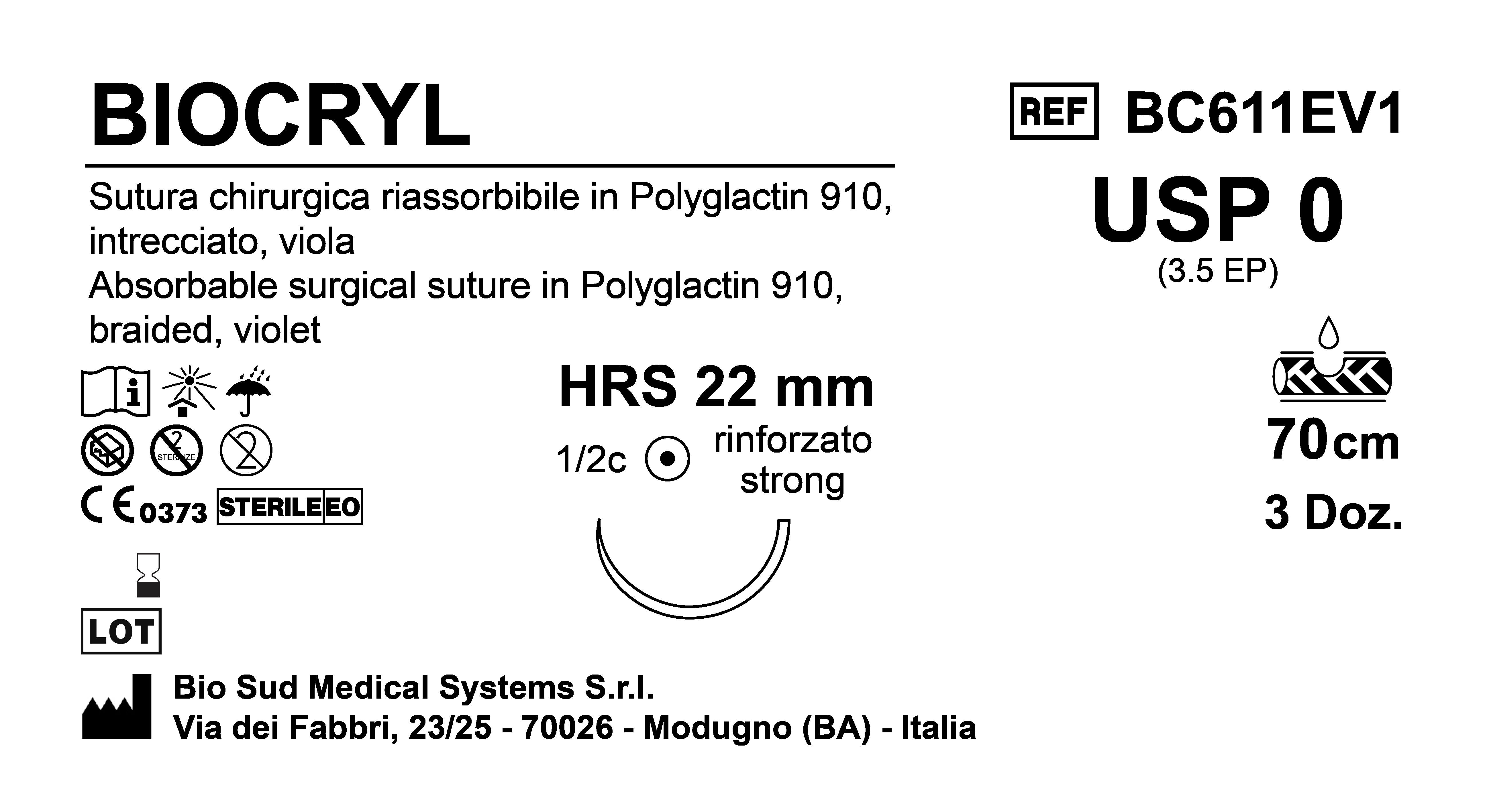 Sutura Biocryl HRS22 USP 0 - EP 3.5 70 cm Violet Box 36 pcs