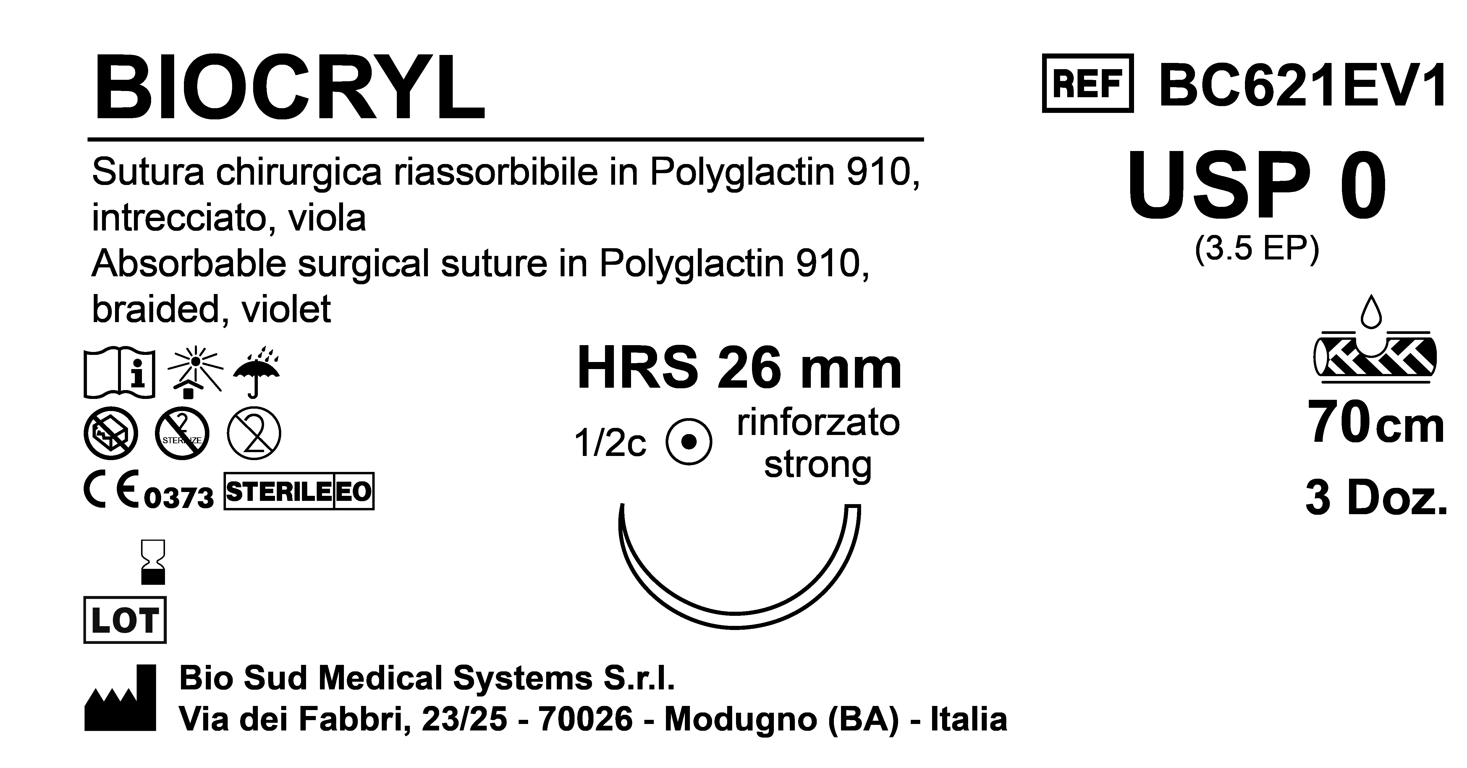 Sutura Biocryl HRS26 USP 0 - EP 3.5 70 cm Violet Box 36 pcs
