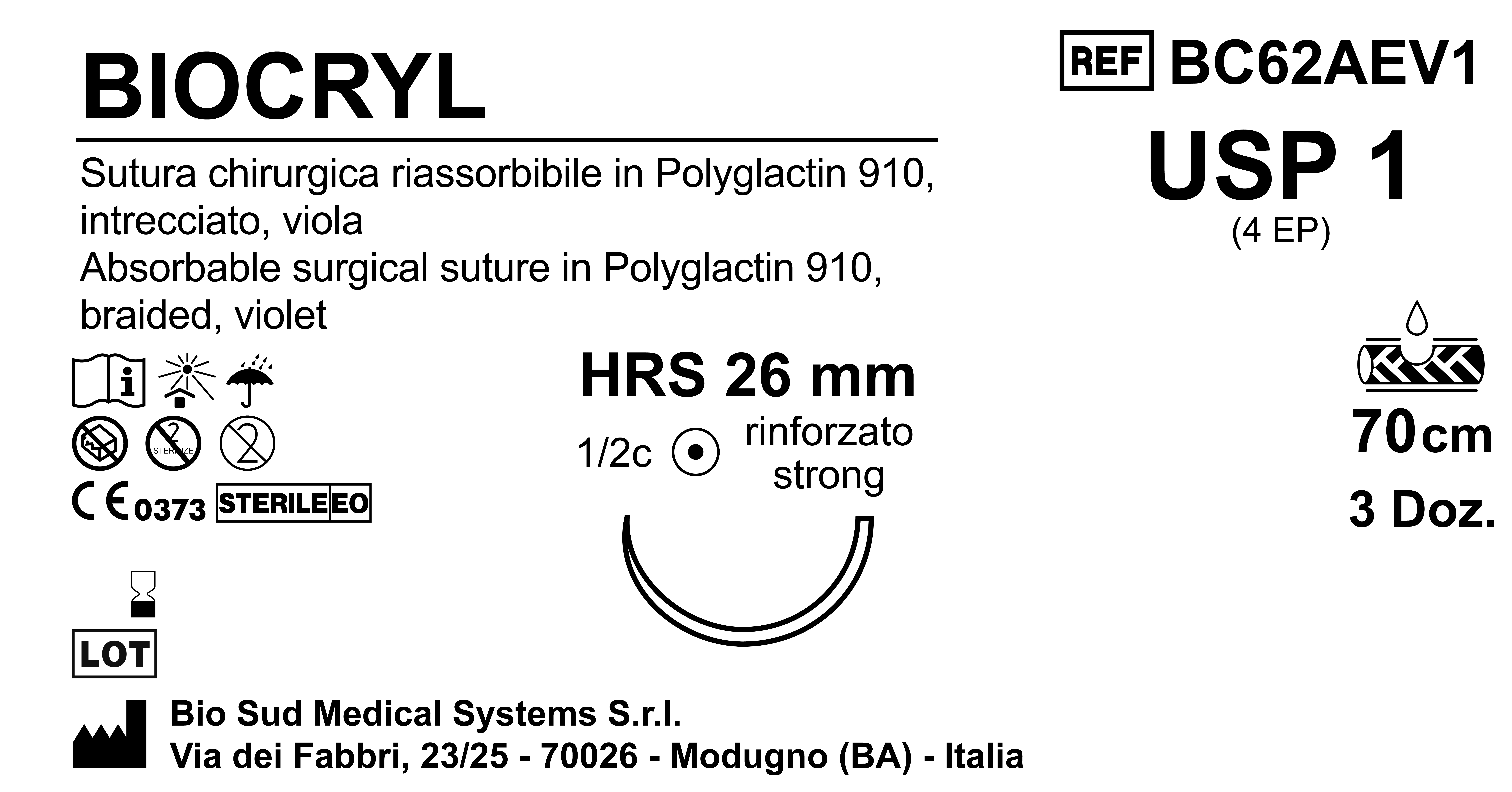 Sutura Biocryl HRS26 USP 1 - EP 4 70 cm Violet Box 36 pcs