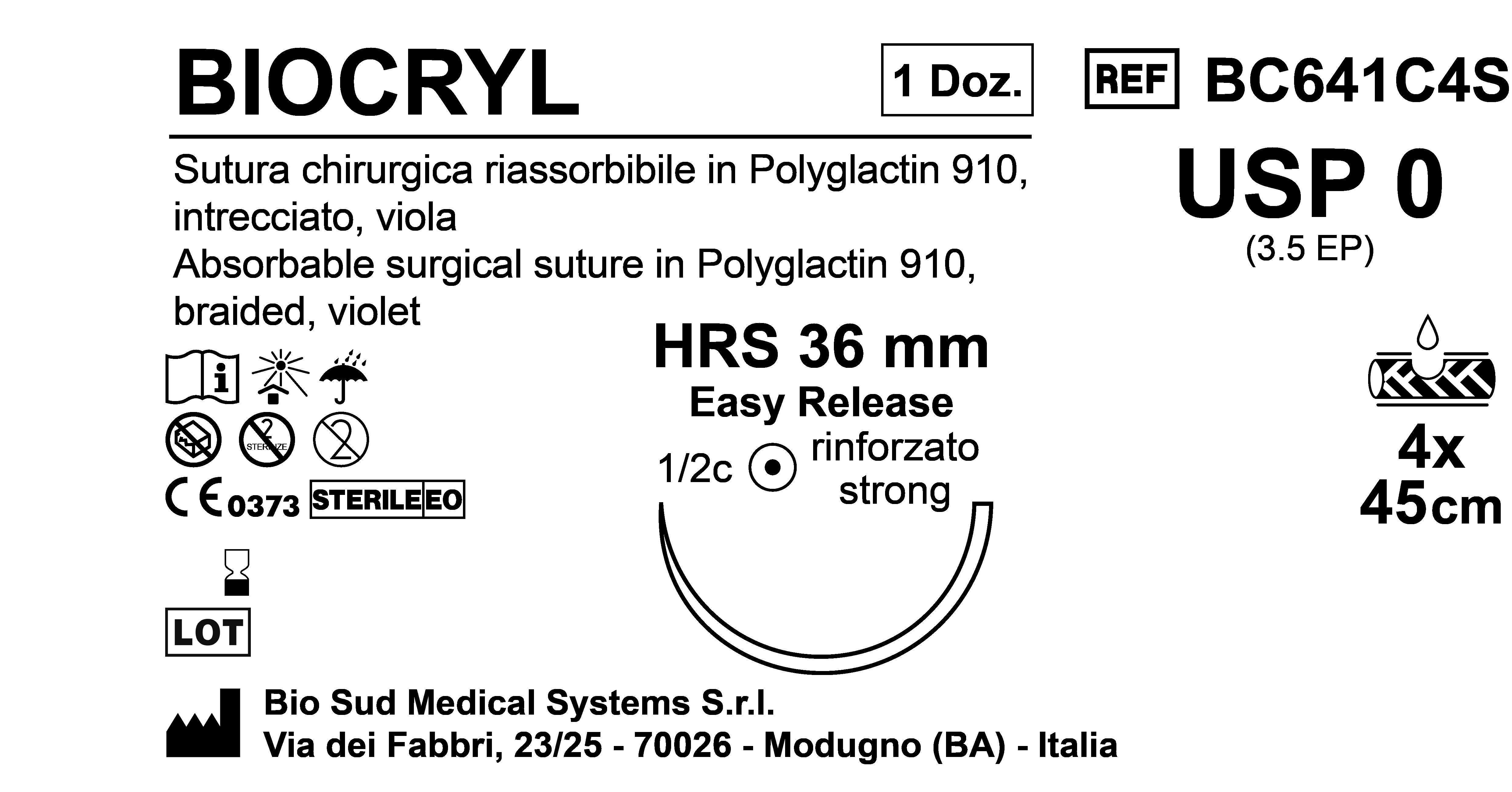 Sutura Biocryl HRS 36 USP 0 - EP 3.5 45 cm 4 Threads Violet Easy Release Box 12pcs