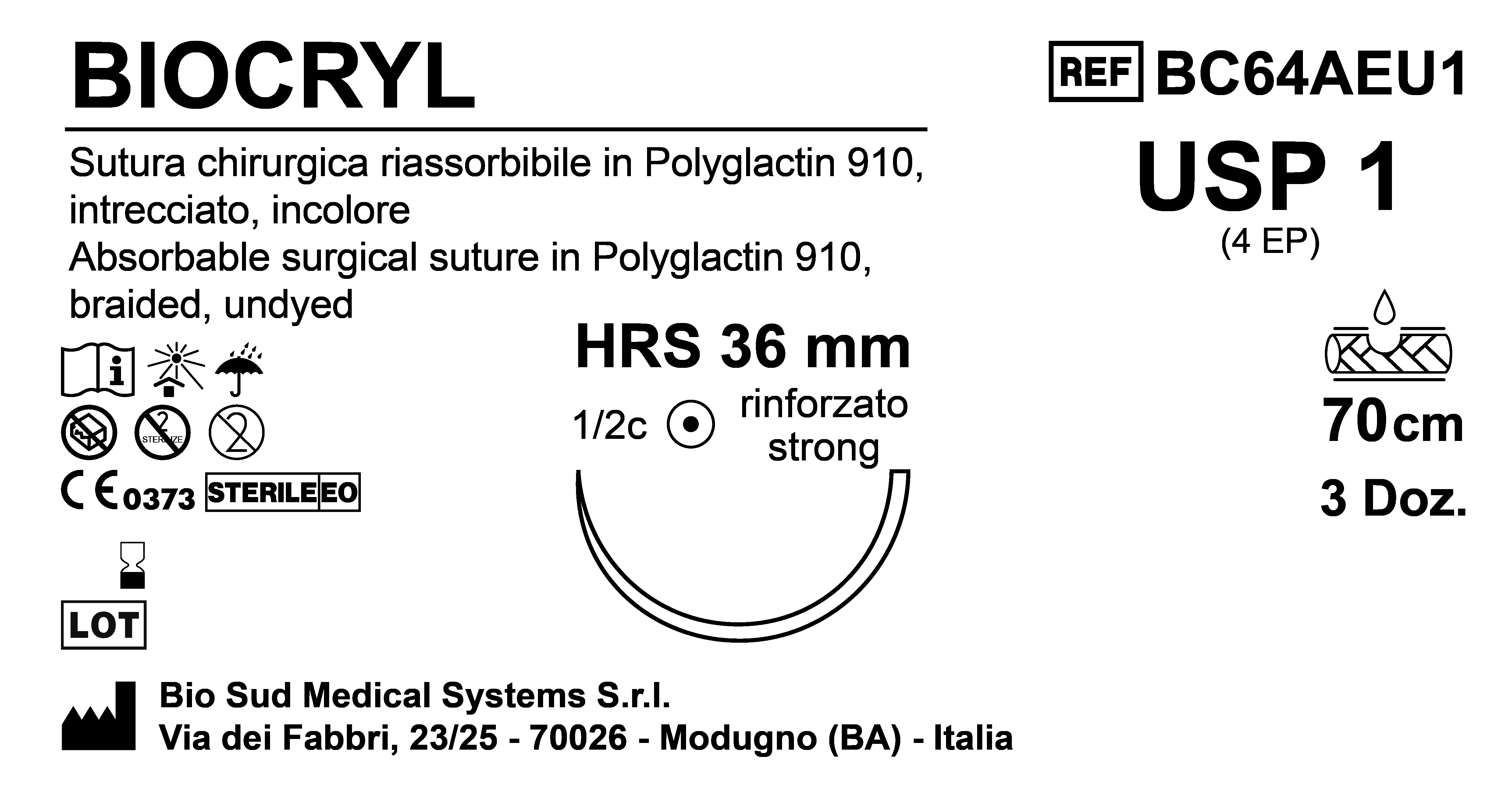 Sutura Biocryl HRS36 USP 1 - EP 4 70 cm Undyed Box 36 pcs