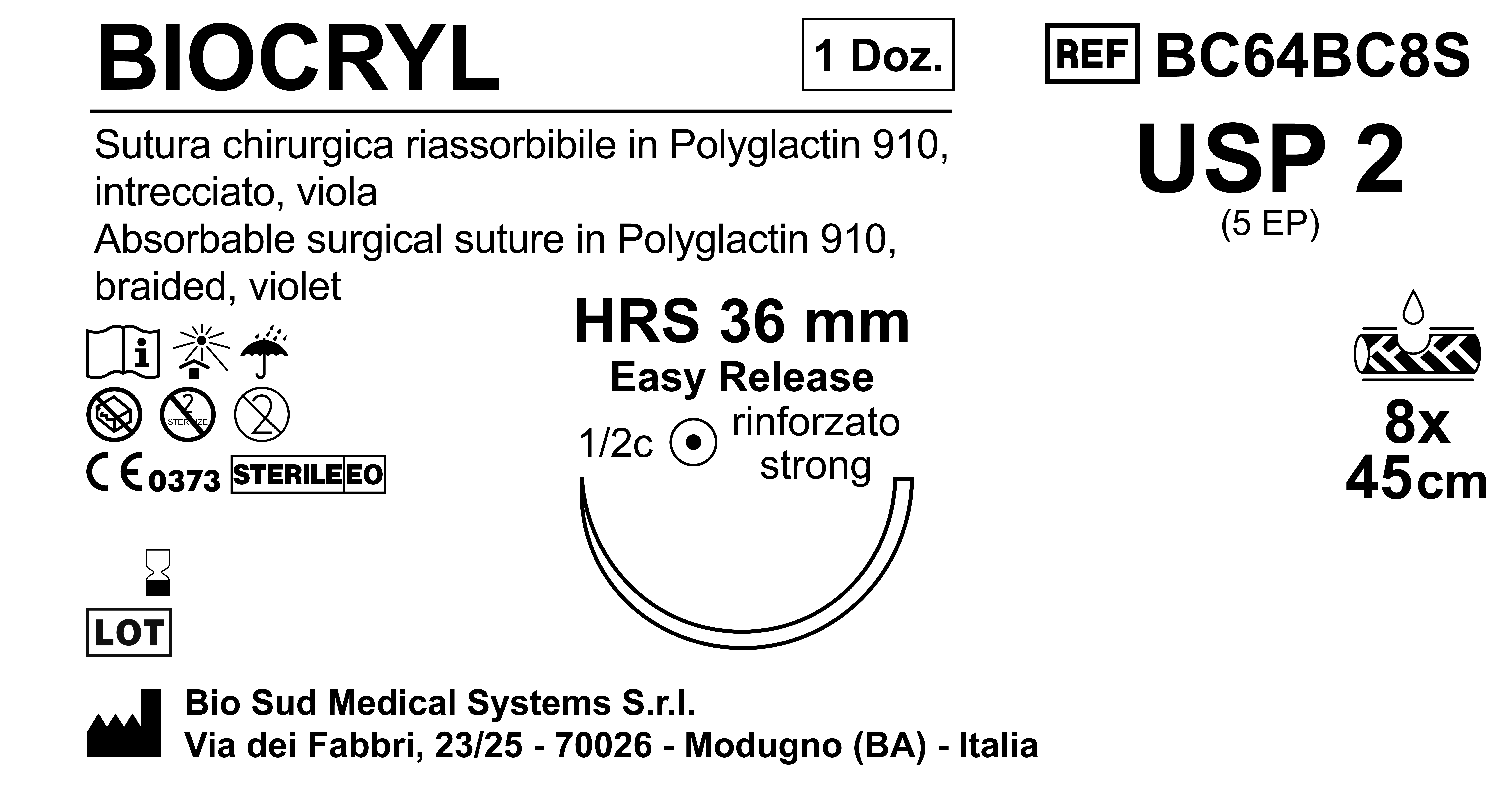 Sutura Biocryl HRS 36 USP 2 - EP 5 45 cm 8 Threads Violet Easy Release  Box 12pcs