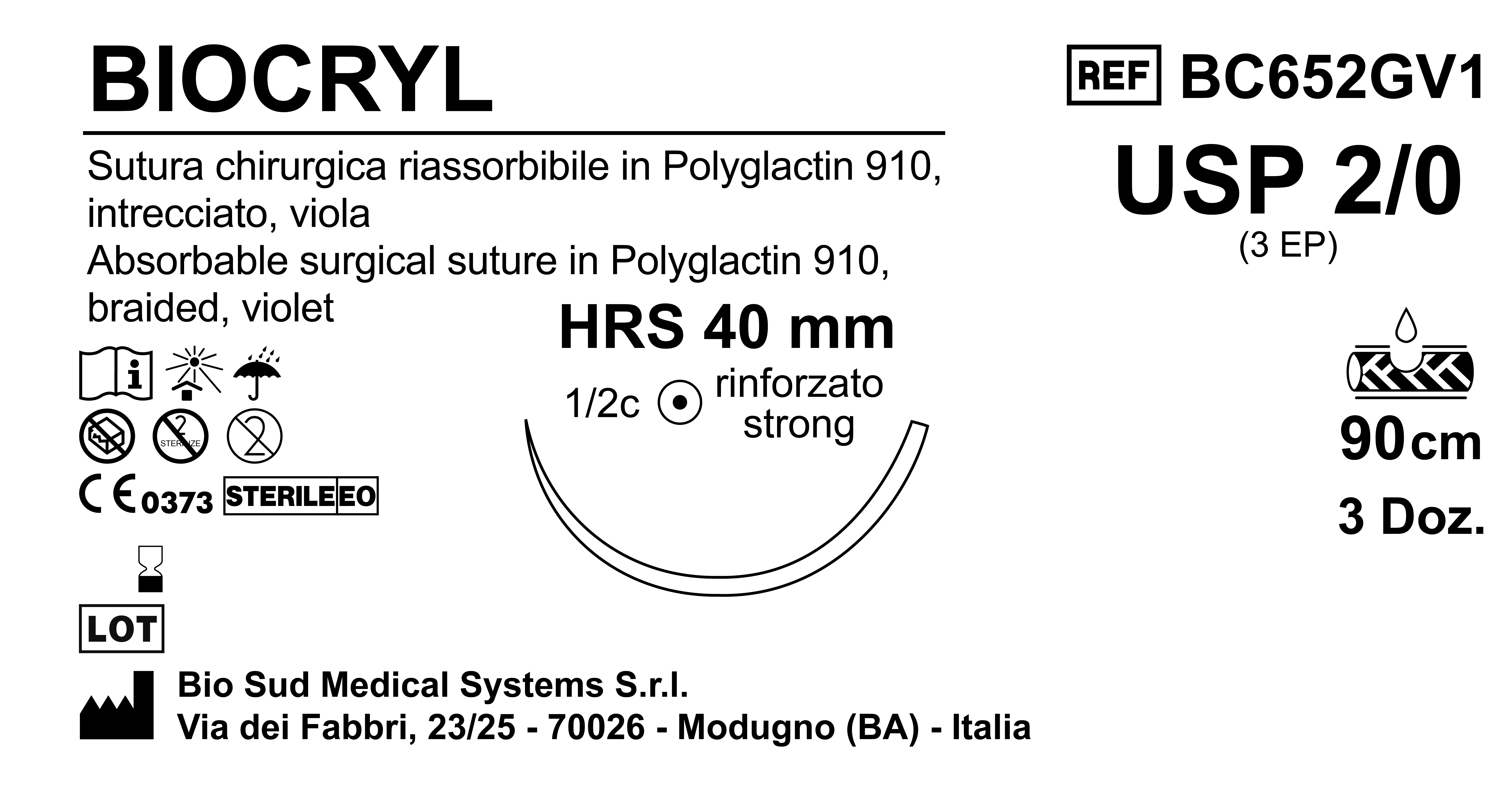 Sutura Biocryl HRS40 USP 2-0 - EP 3 90 cm Violet Box 36 pcs