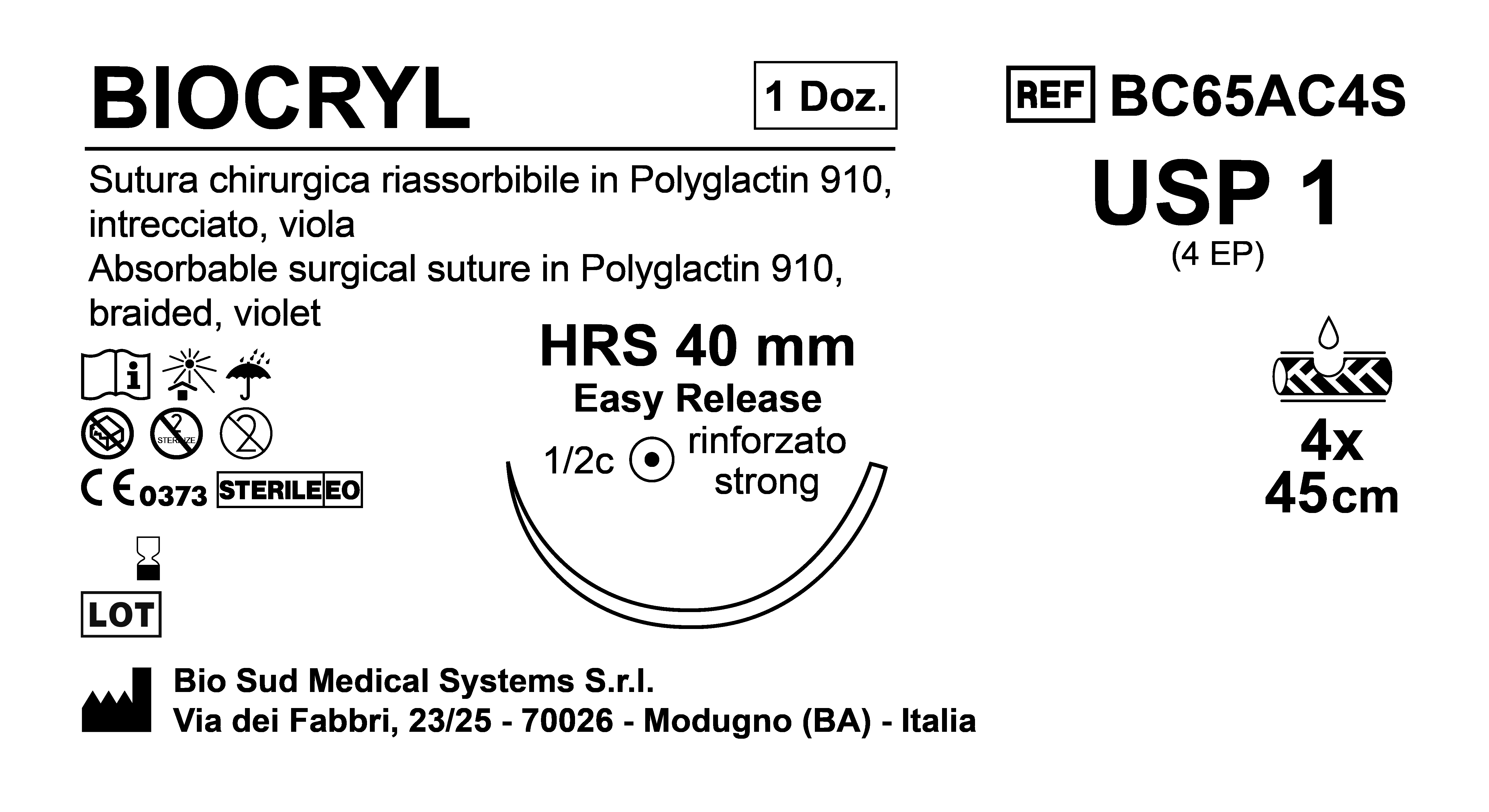 Sutura Biocryl HRS 40 USP 1 - EP 4 45 cm 4 Threads Violet Easy Release Box 12pcs