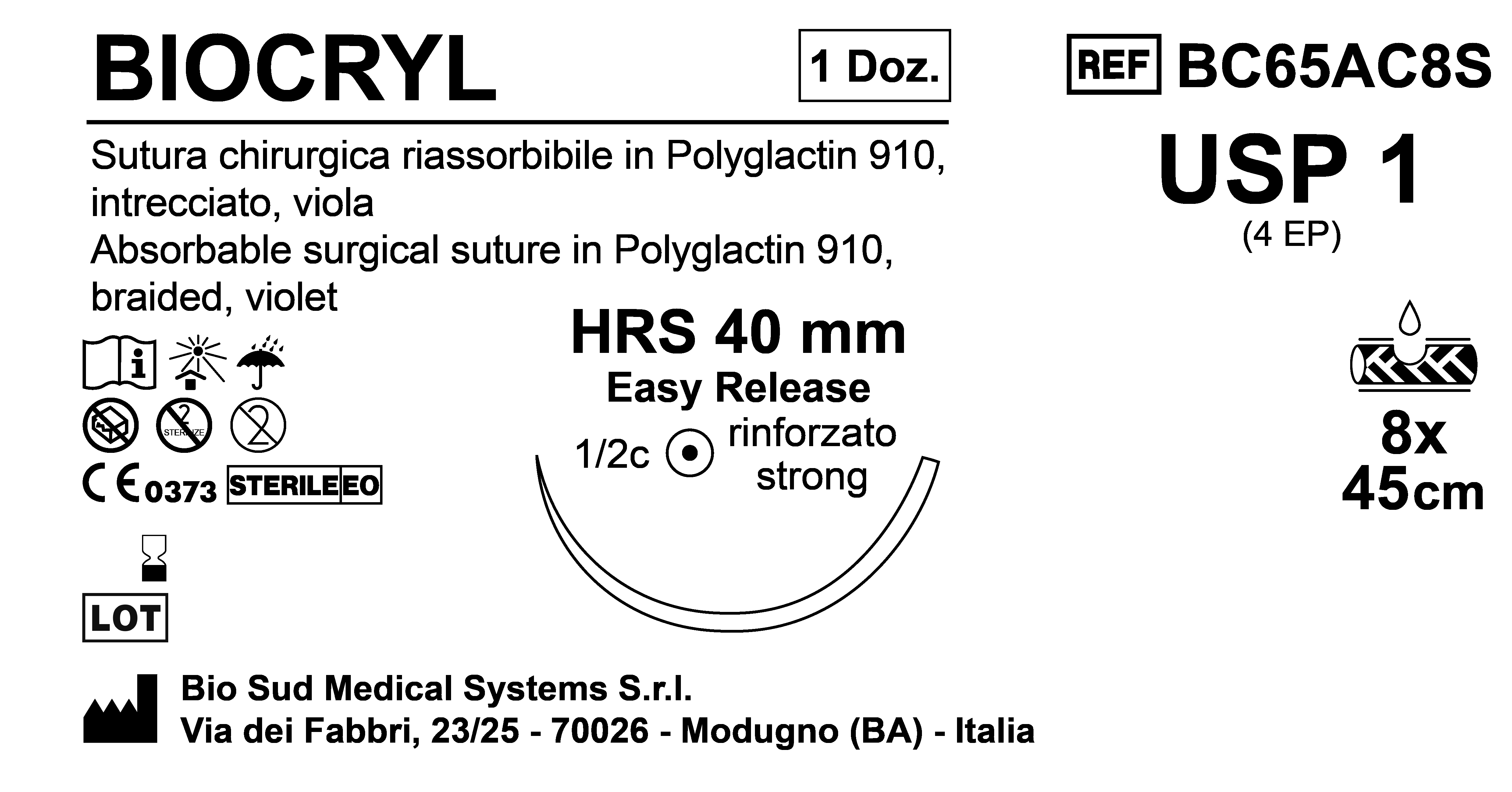 Sutura Biocryl HRS 40 USP 1 - EP 4 45 cm 8 Threads Violet Easy Release Box 12pcs