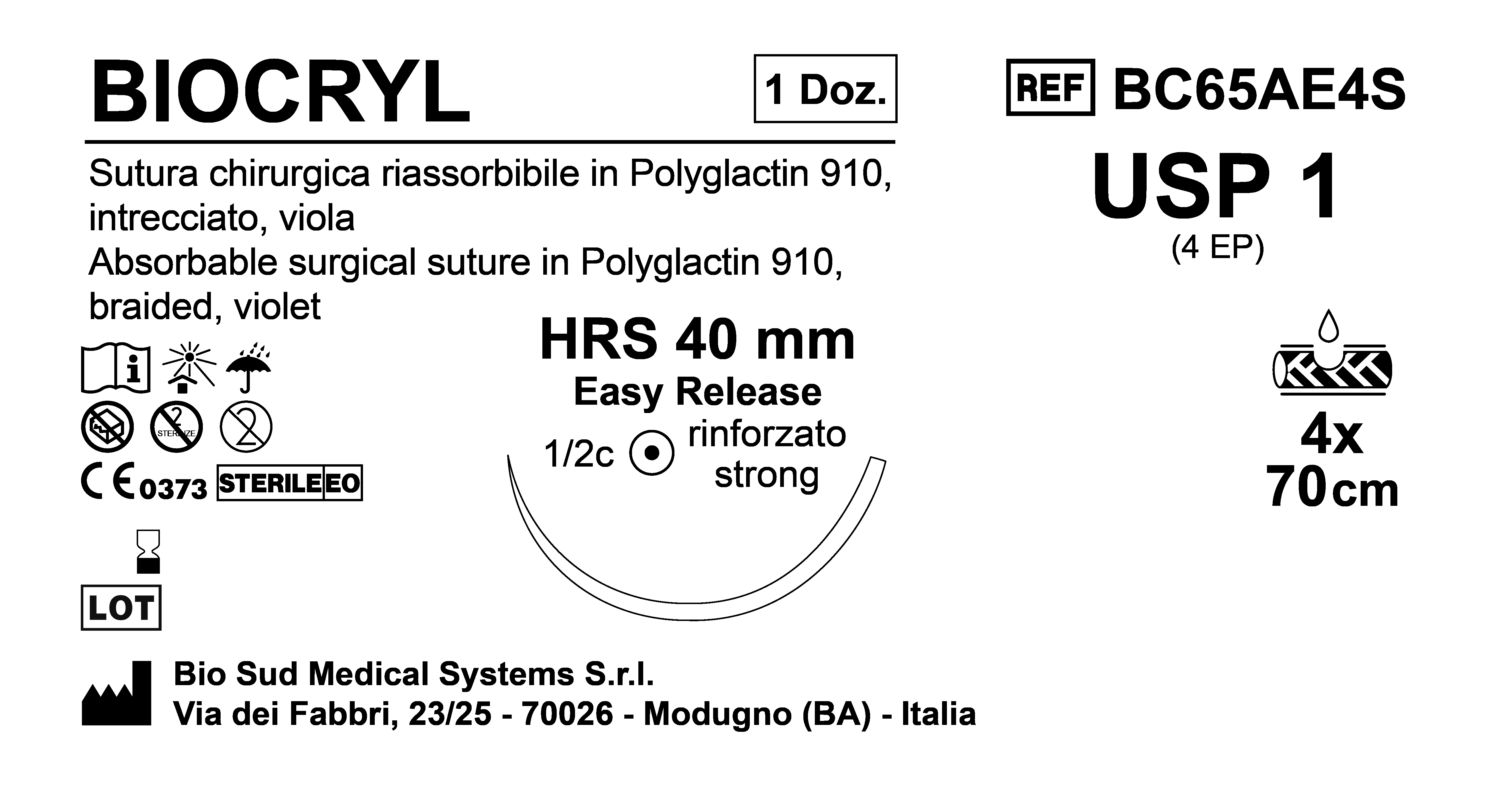 Sutura Biocryl HRS 40 USP 1 - EP 4 70 cm 4 Threads Violet Easy Release Box 12pcs