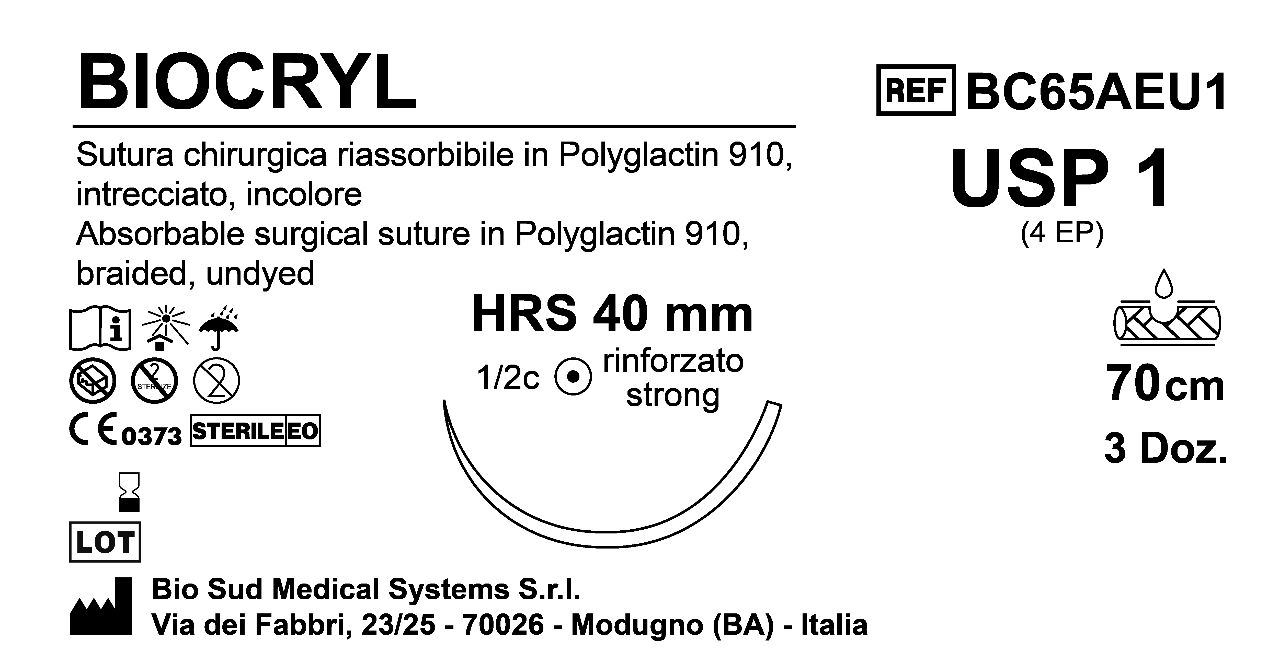 Sutura Biocryl HRS40 USP 1 - EP 4 70 cm Undyed Box 36 pcs