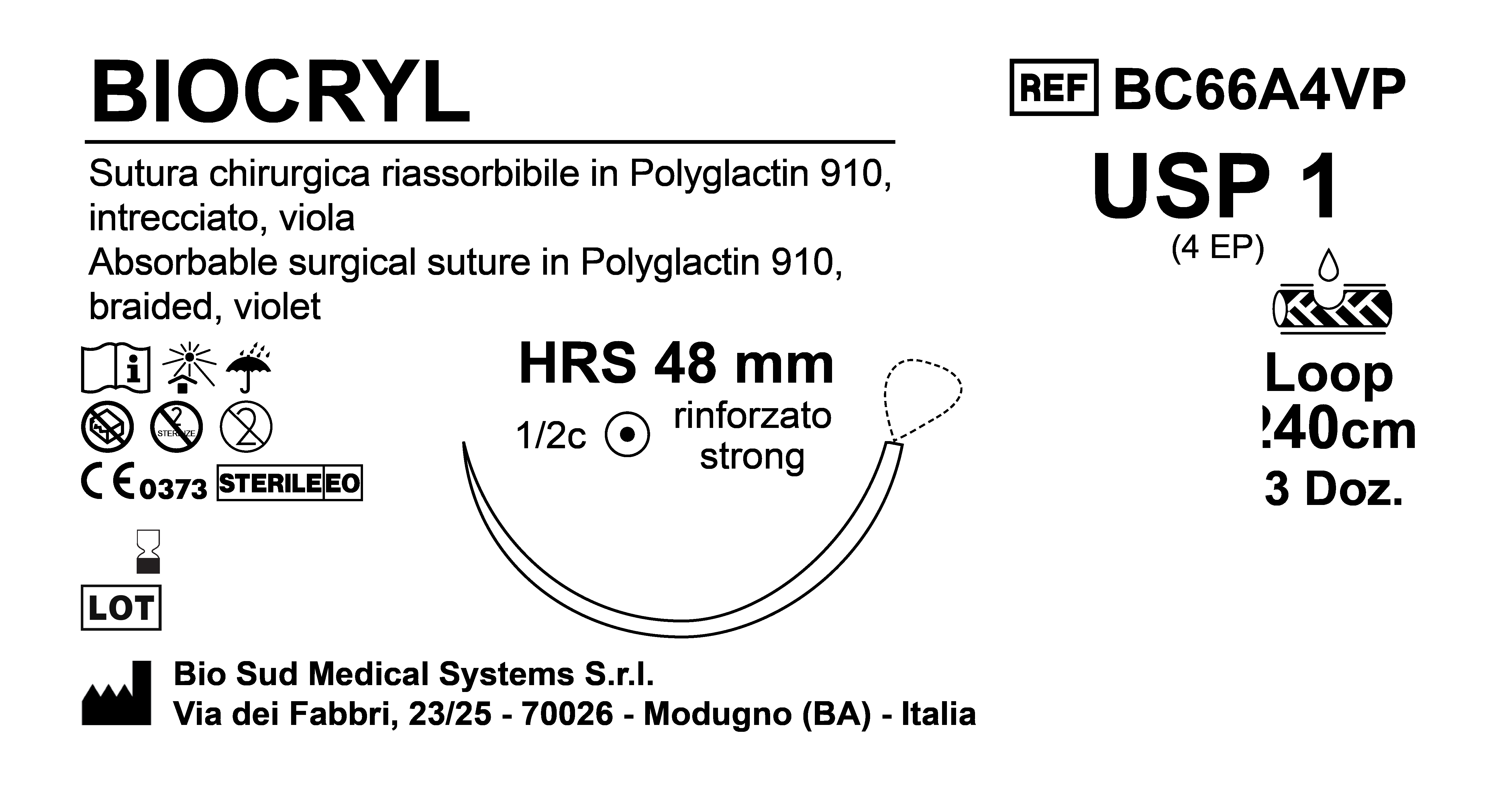 Sutura Biocryl HRS48 USP 1 - EP 4 240 cm Violet Loop  Box 36 pcs