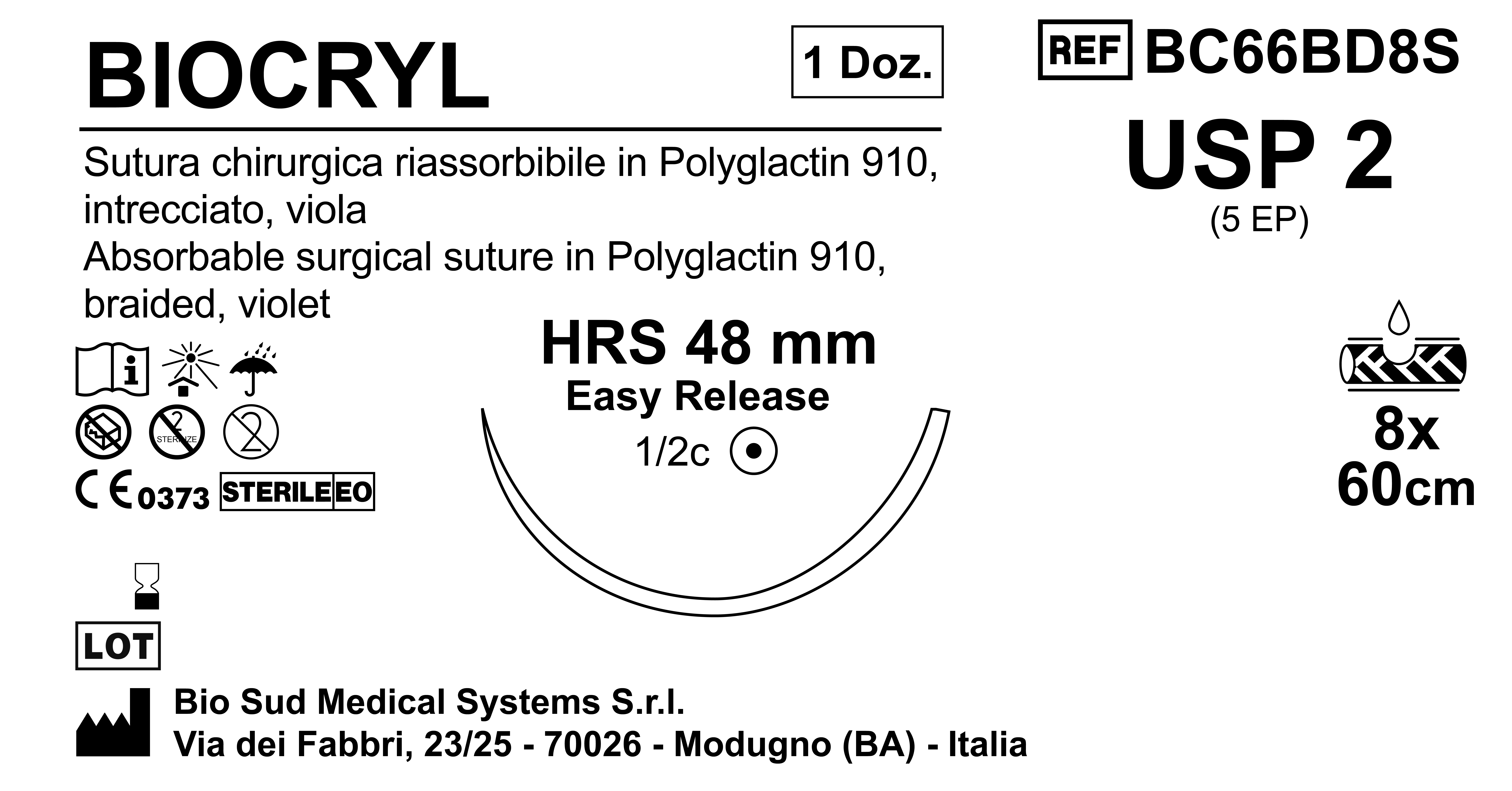 Sutura Biocryl HRS 48 USP 2 - EP 5 60 cm 8 Threads Violet Easy Release Box 12pcs