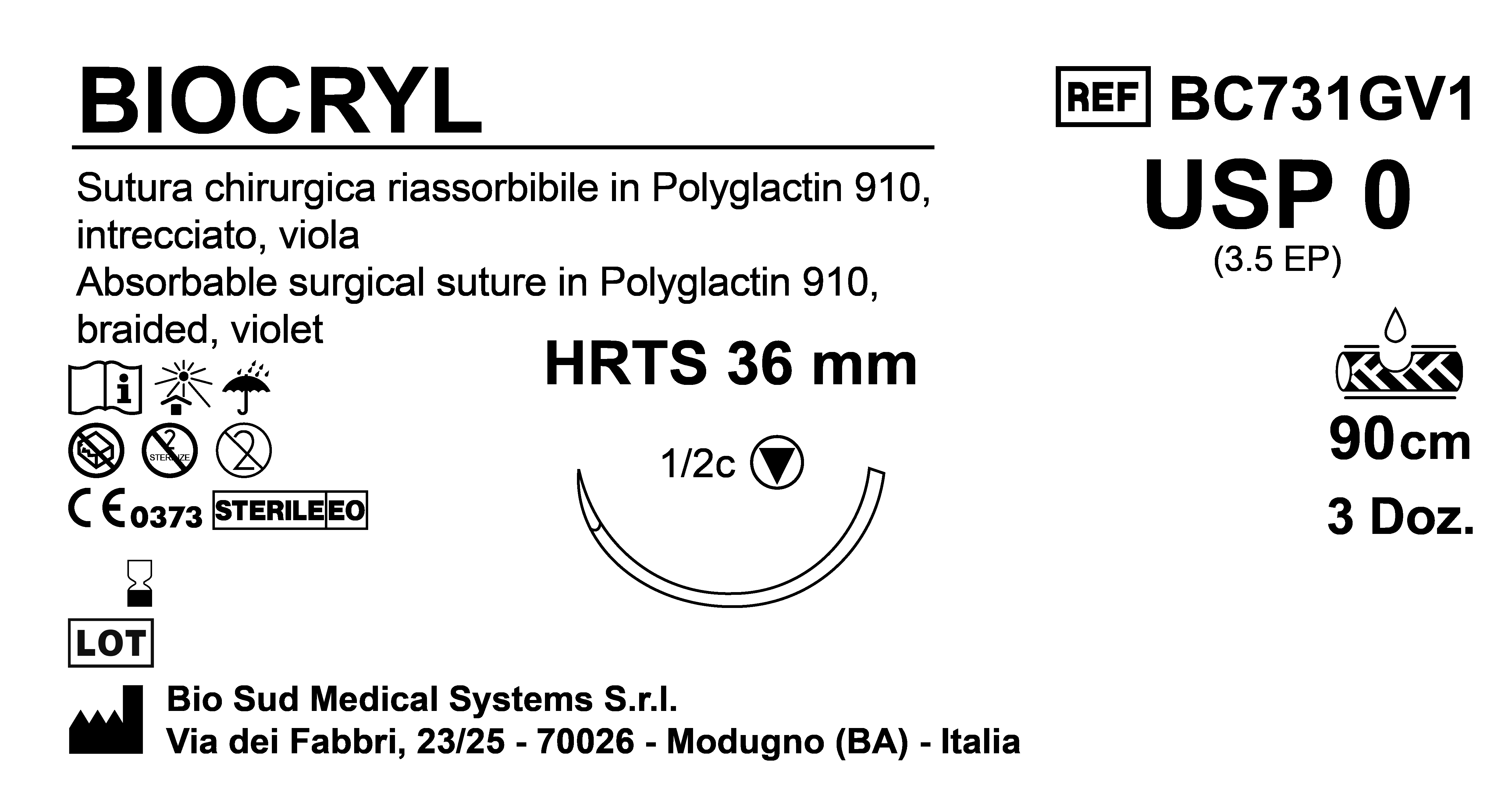 Sutura Biocryl HRTS36 USP 0 - EP 3.5 90 cm Violet Box 36 pcs