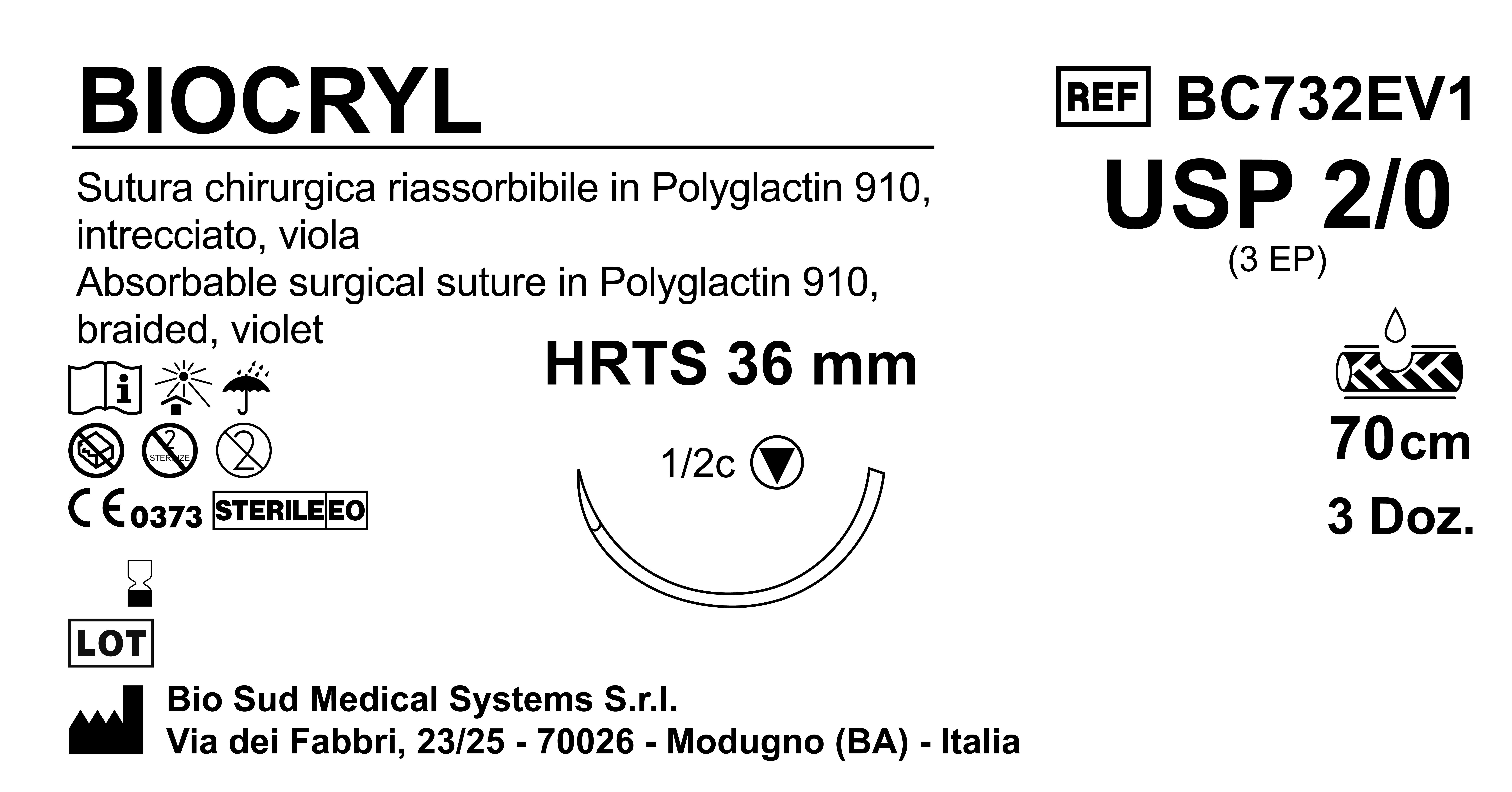 Sutura Biocryl HRTS36 USP 2-0 - EP 3 70 cm Violet Box 36 pcs