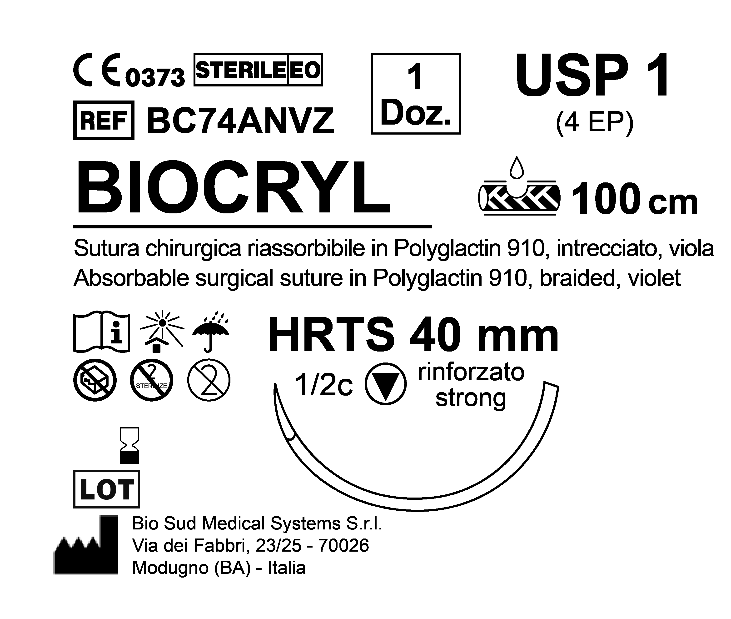 Sutura Biocryl HRTS 40 USP 1 - EP 4 100 cm Violet Box 12 pcs