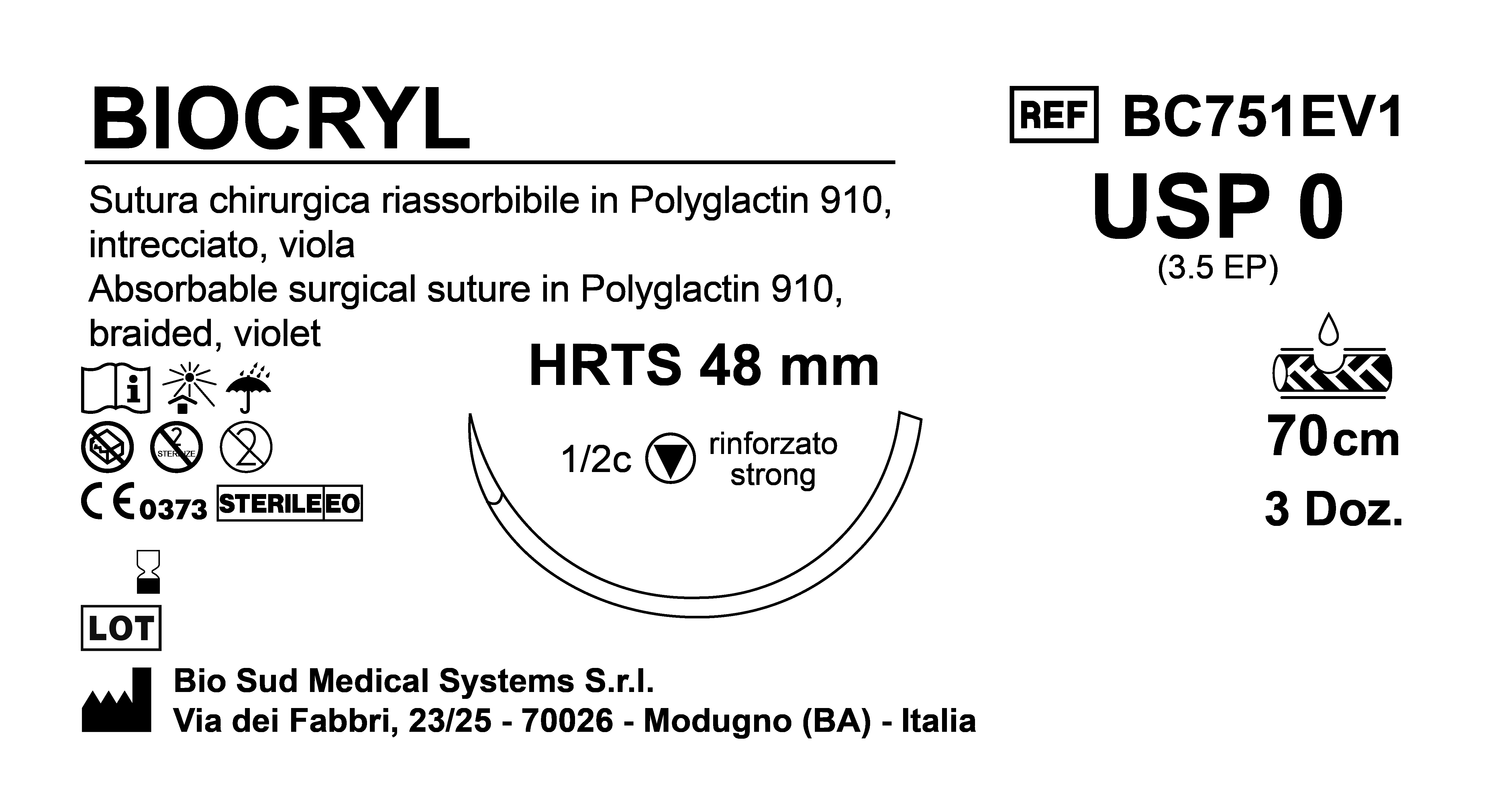 Sutura Biocryl HRTS48 USP 0 - EP 3.5 70 cm Violet Box 36 pcs
