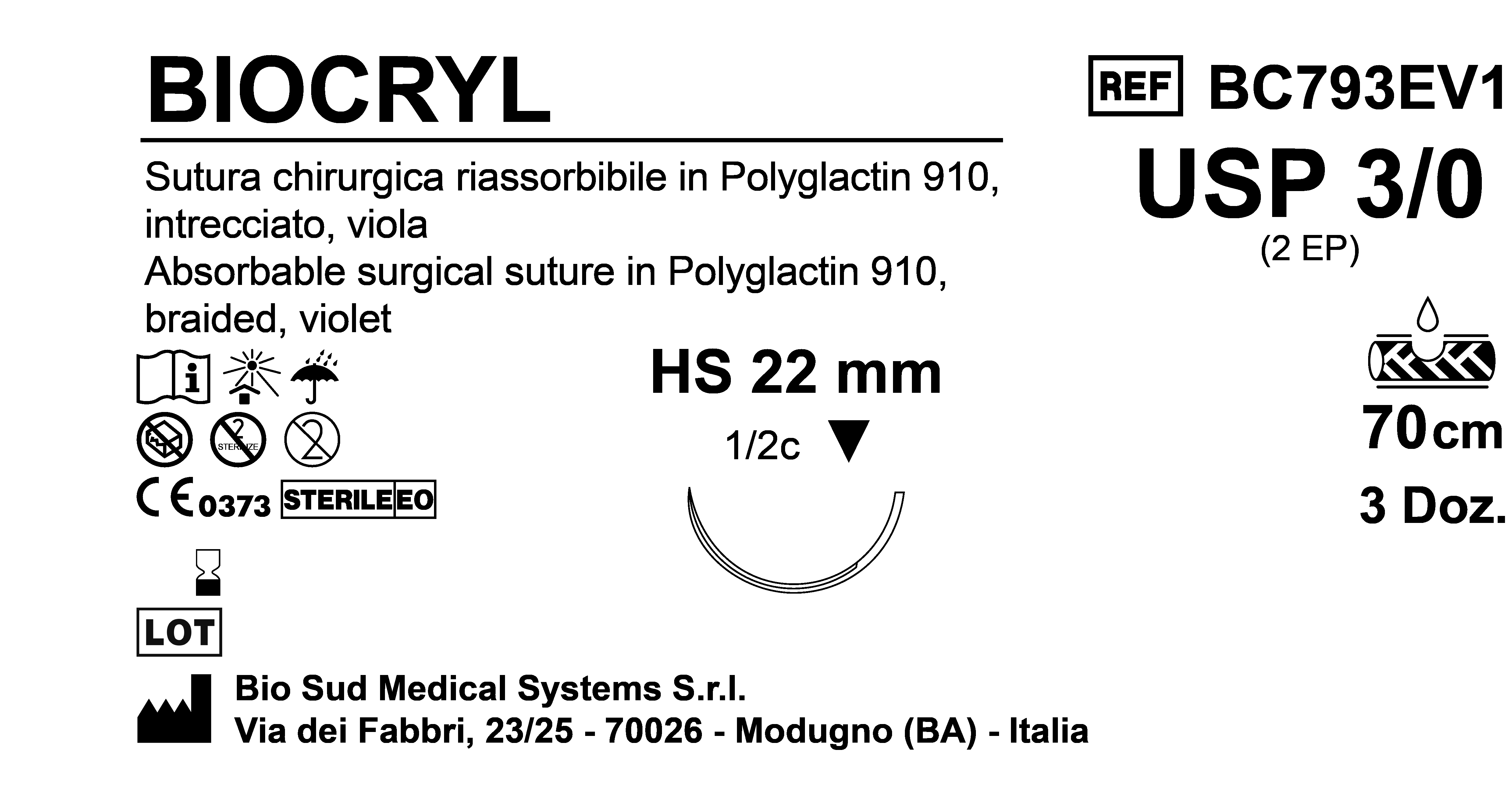 Sutura Biocryl HS22 USP 3-0 - EP 2 70 cm Violet Box 36 pcs