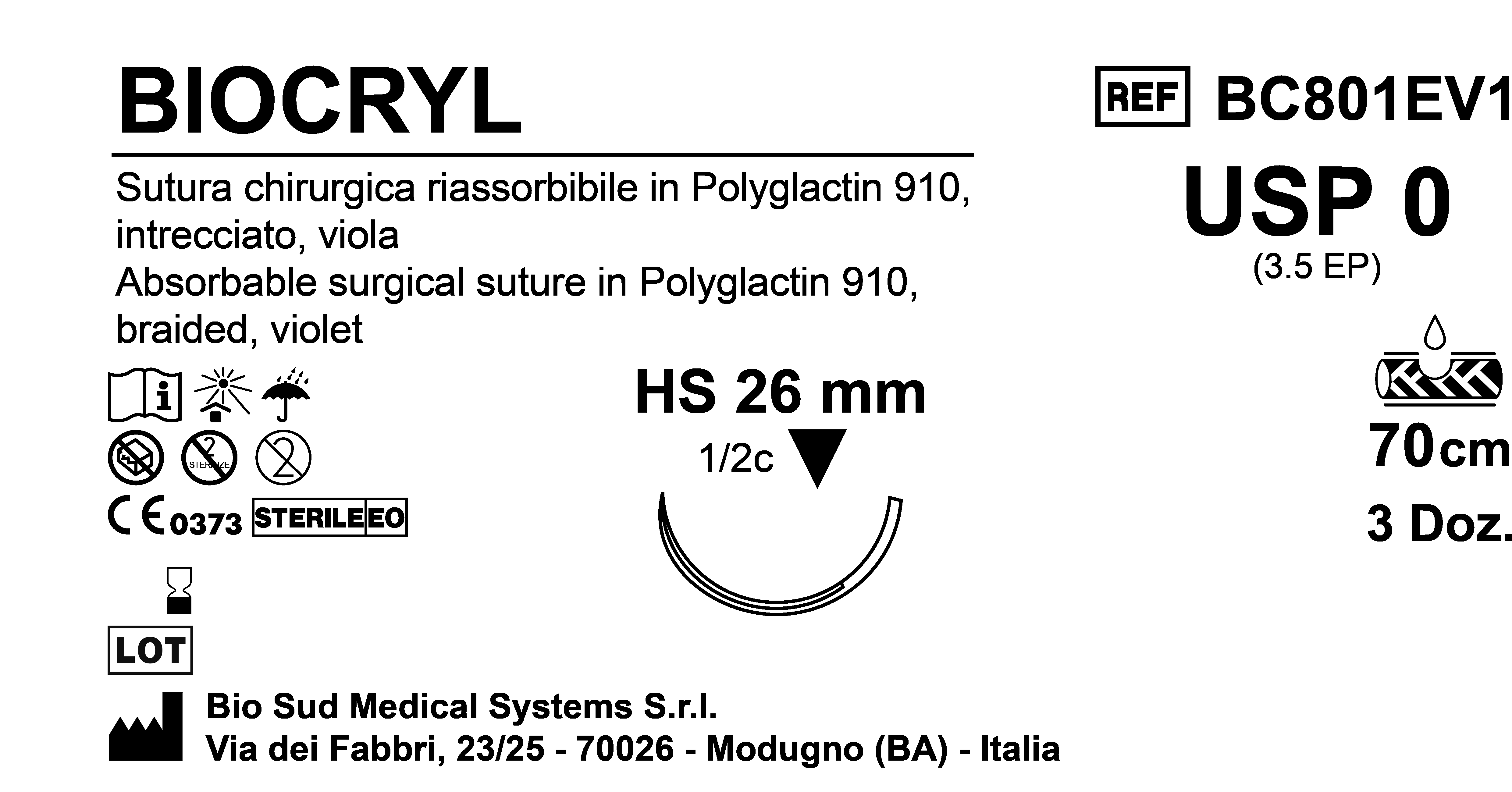 Sutura Biocryl HS26 USP 0 - EP 3.5 70 cm Violet Box 36 pcs