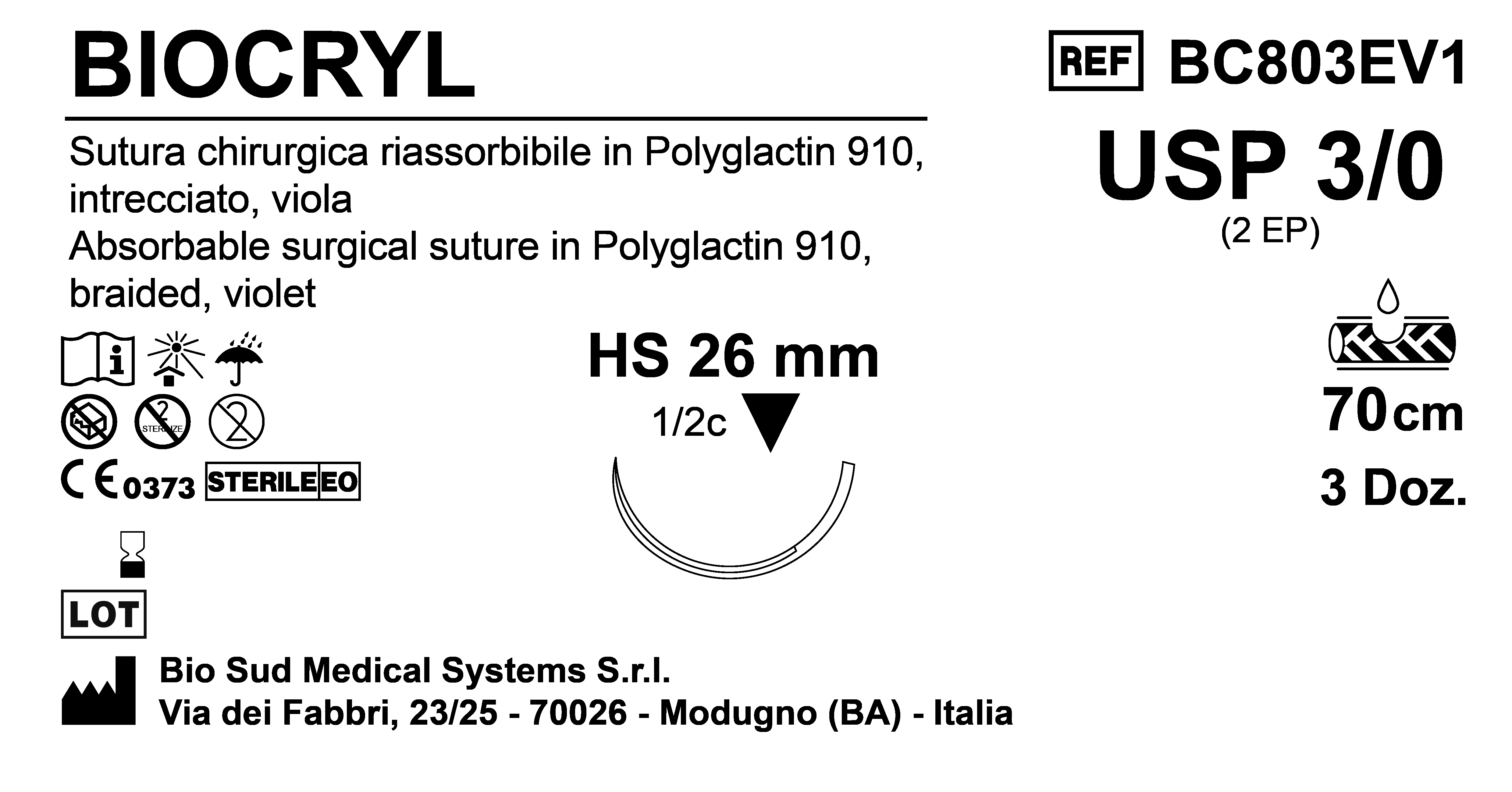 Sutura Biocryl HS26 USP 3-0 - EP 2 70 cm Violet Box 36 pcs
