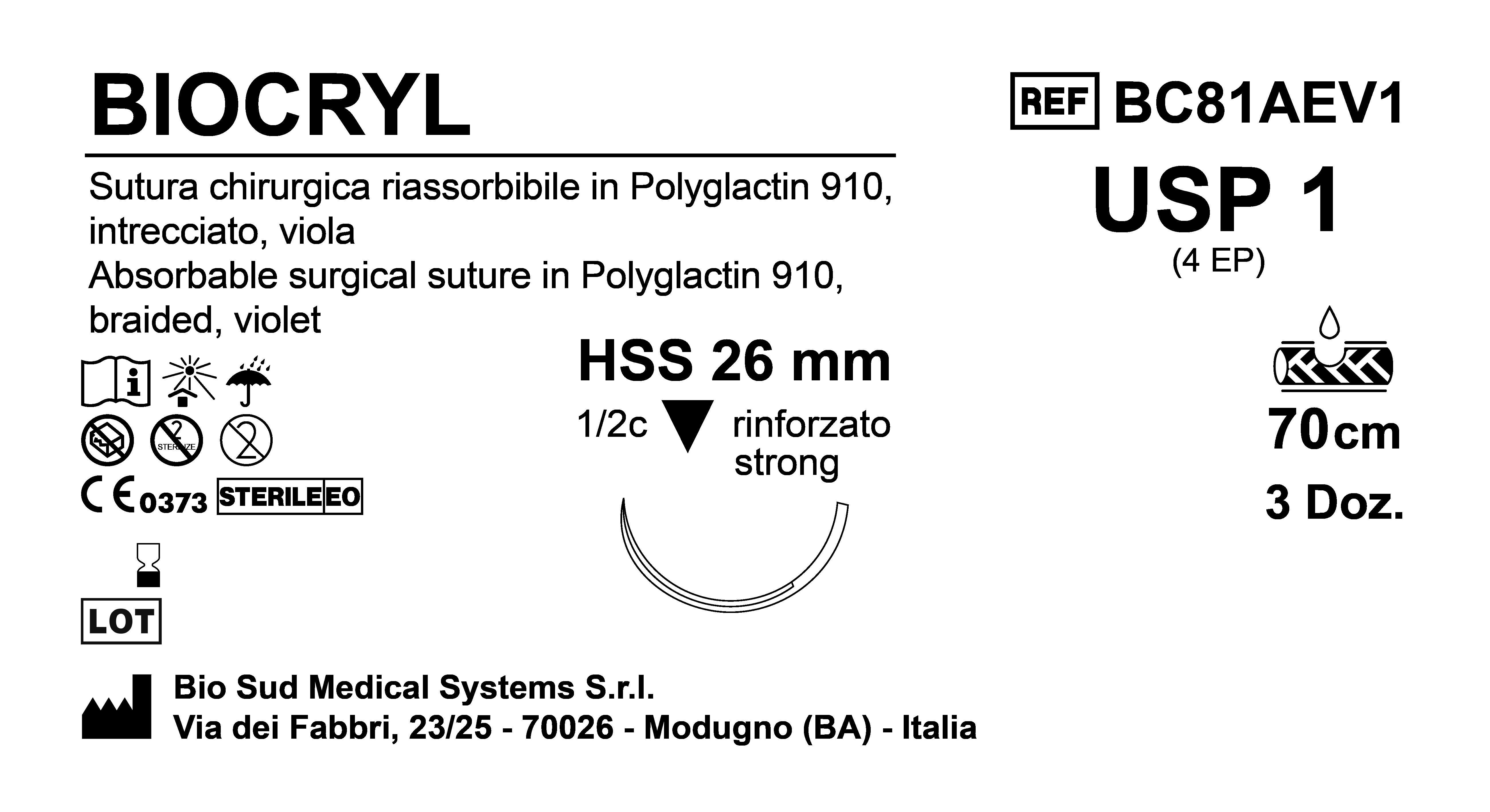 Sutura Biocryl HSS 26 USP 1 - EP 4 70 cm Violet Box 36 pcs