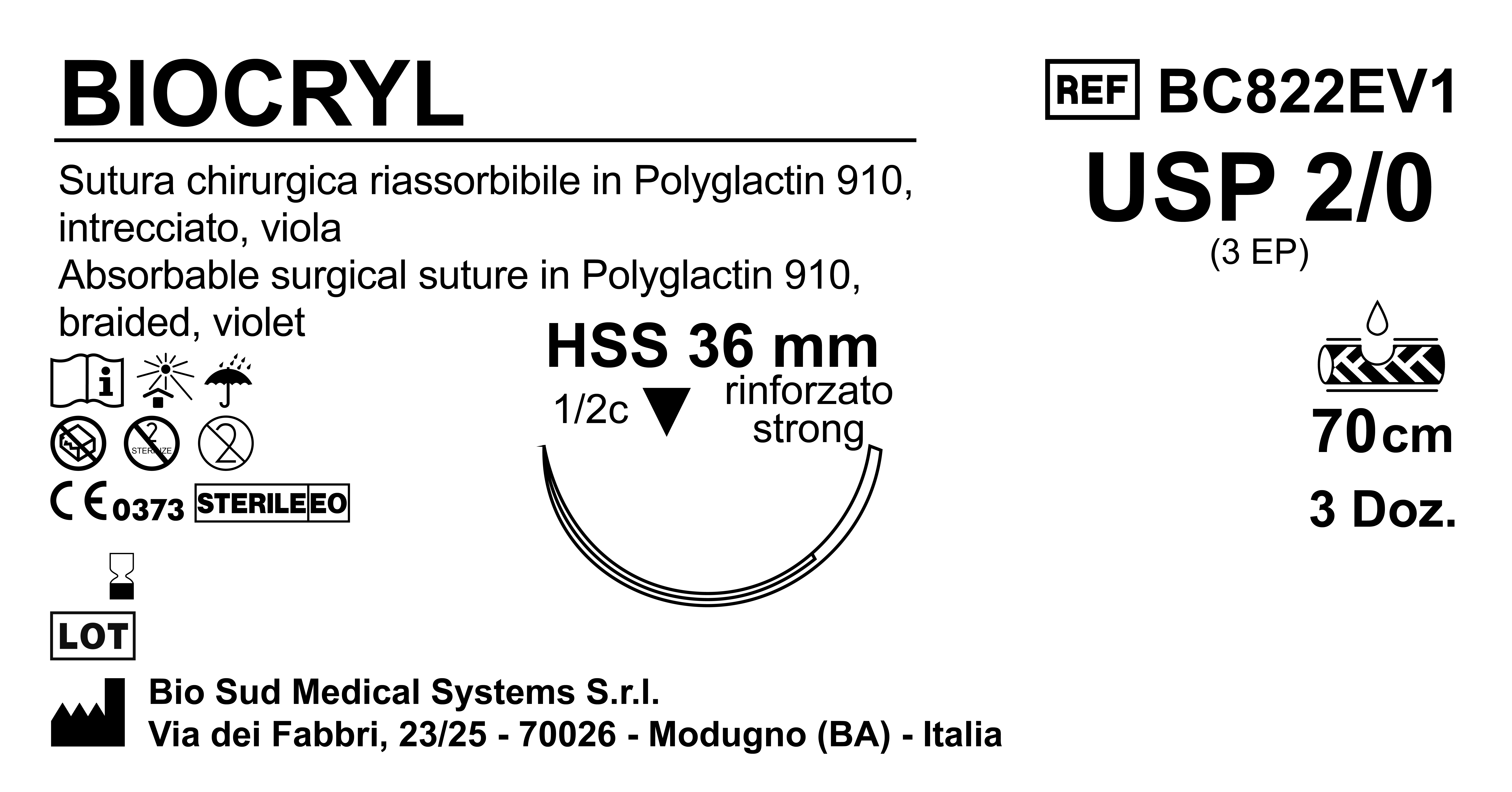 Sutura Biocryl HSS36 USP 2-0 - EP 3 70 cm Violet Box 36 pcs