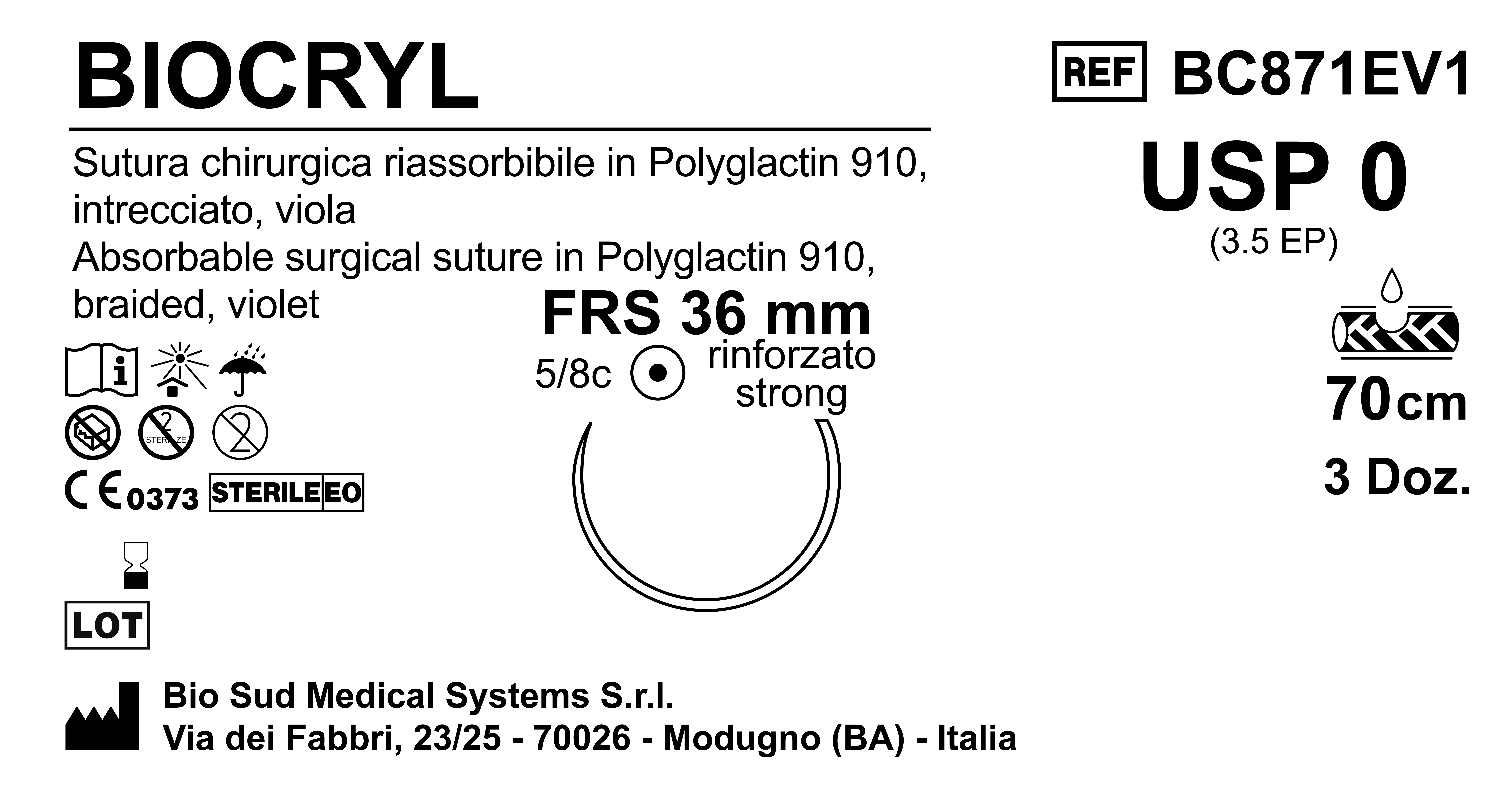 Sutura Biocryl FRS36 USP 0 - EP 3.5 70 cm Violet Box 36 pcs