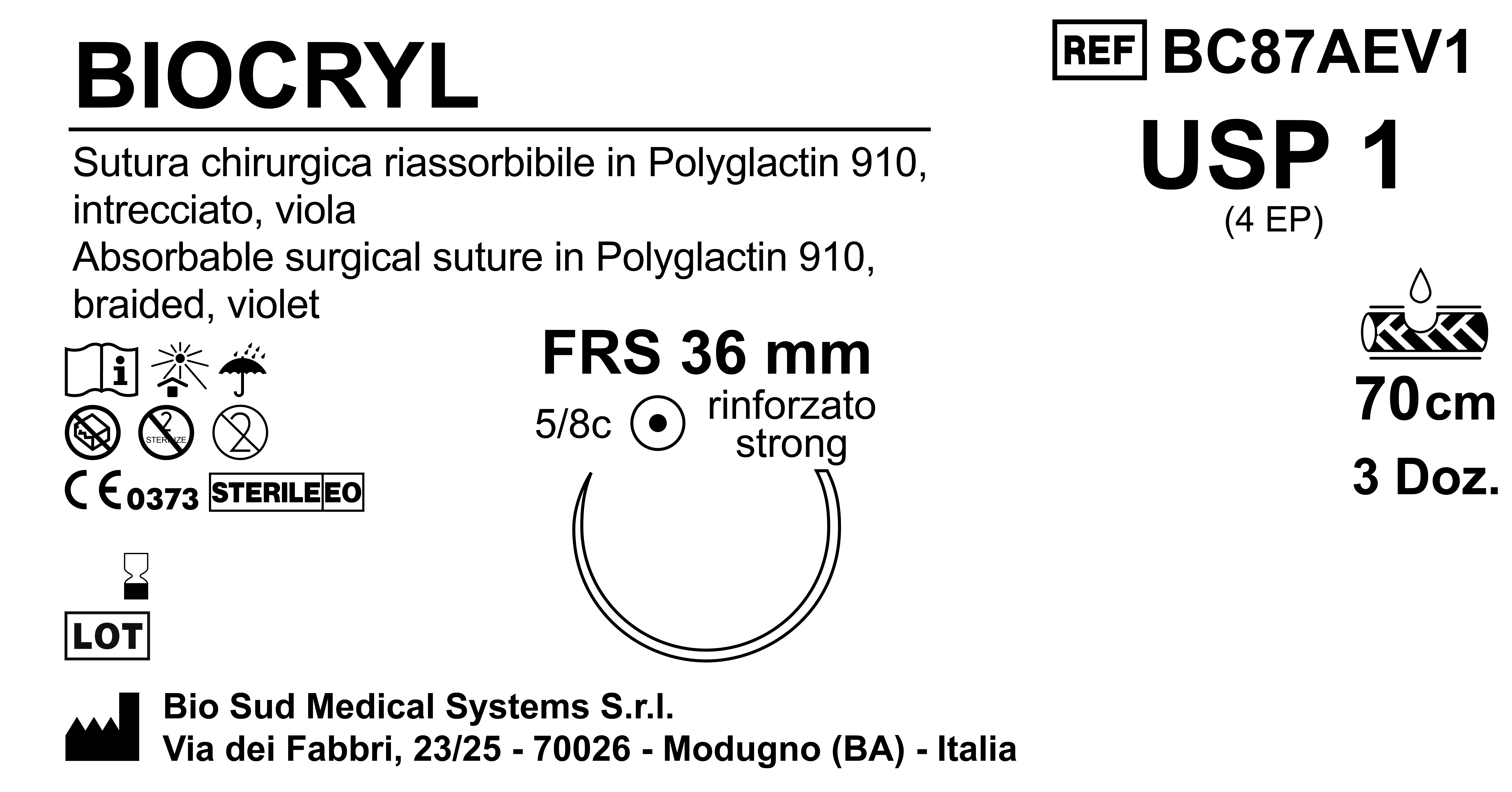 Sutura Biocryl FRS36 USP 1 - EP 4 70 cm Violet Box 36 pcs