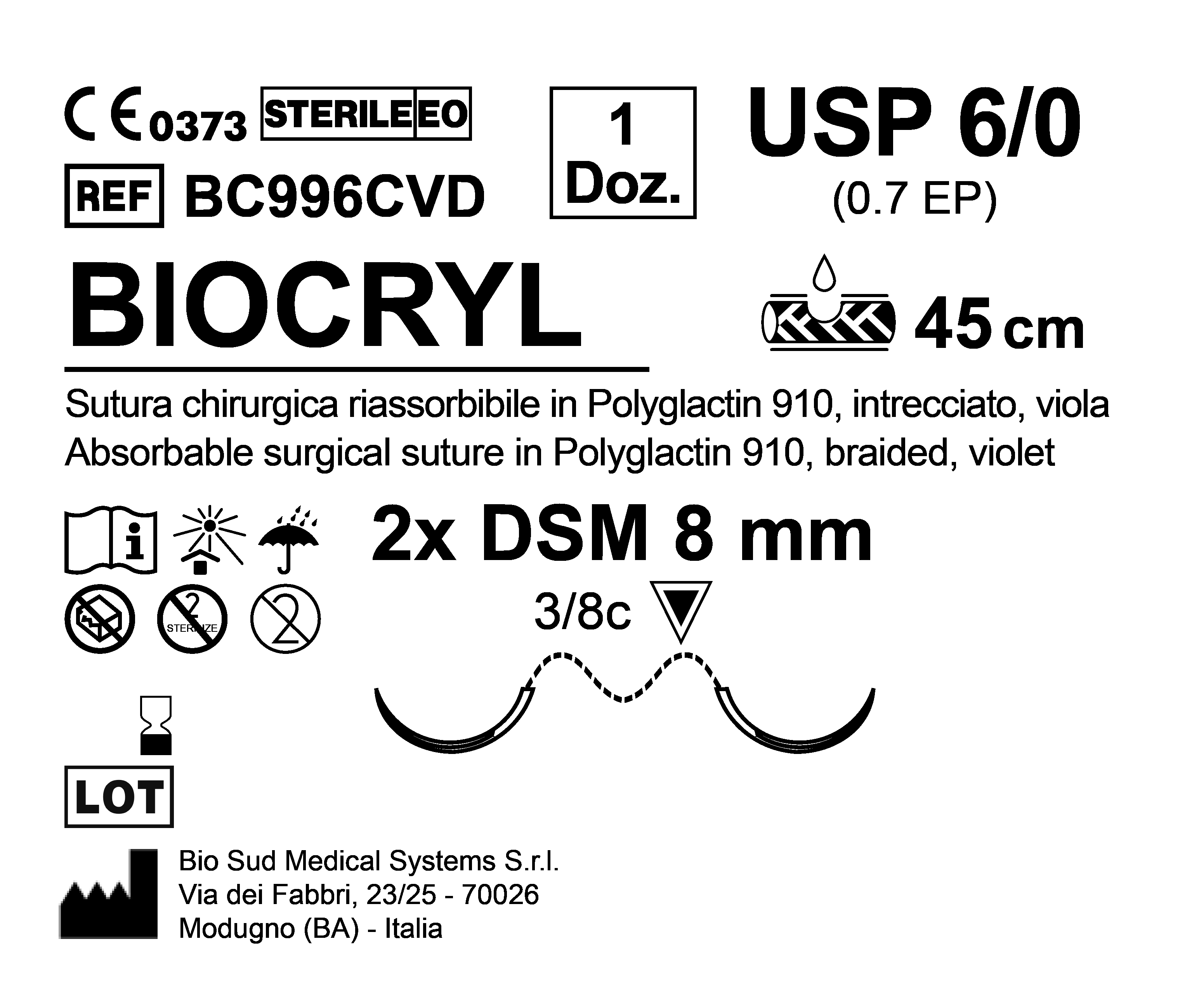 Sutura Biocryl DSM 8 USP 6-0 - EP 0.7 45 cm Violet Double Armed  N.12 Bs. per Box