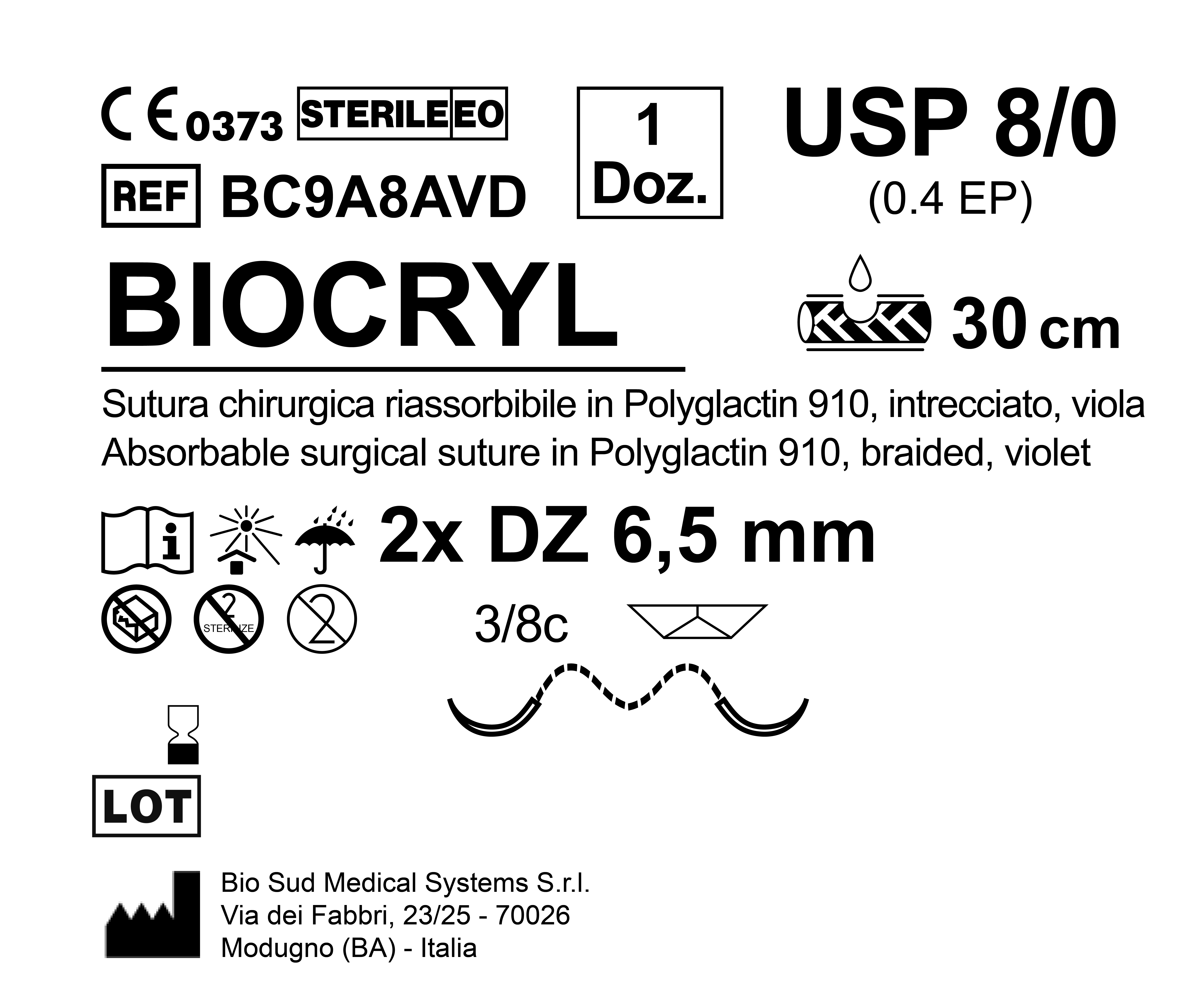 Sutura Biocryl DZ 6.5 USP 8-0 - EP 0.4 30 cm Violet Double Armed  N.12 Bs. per Box