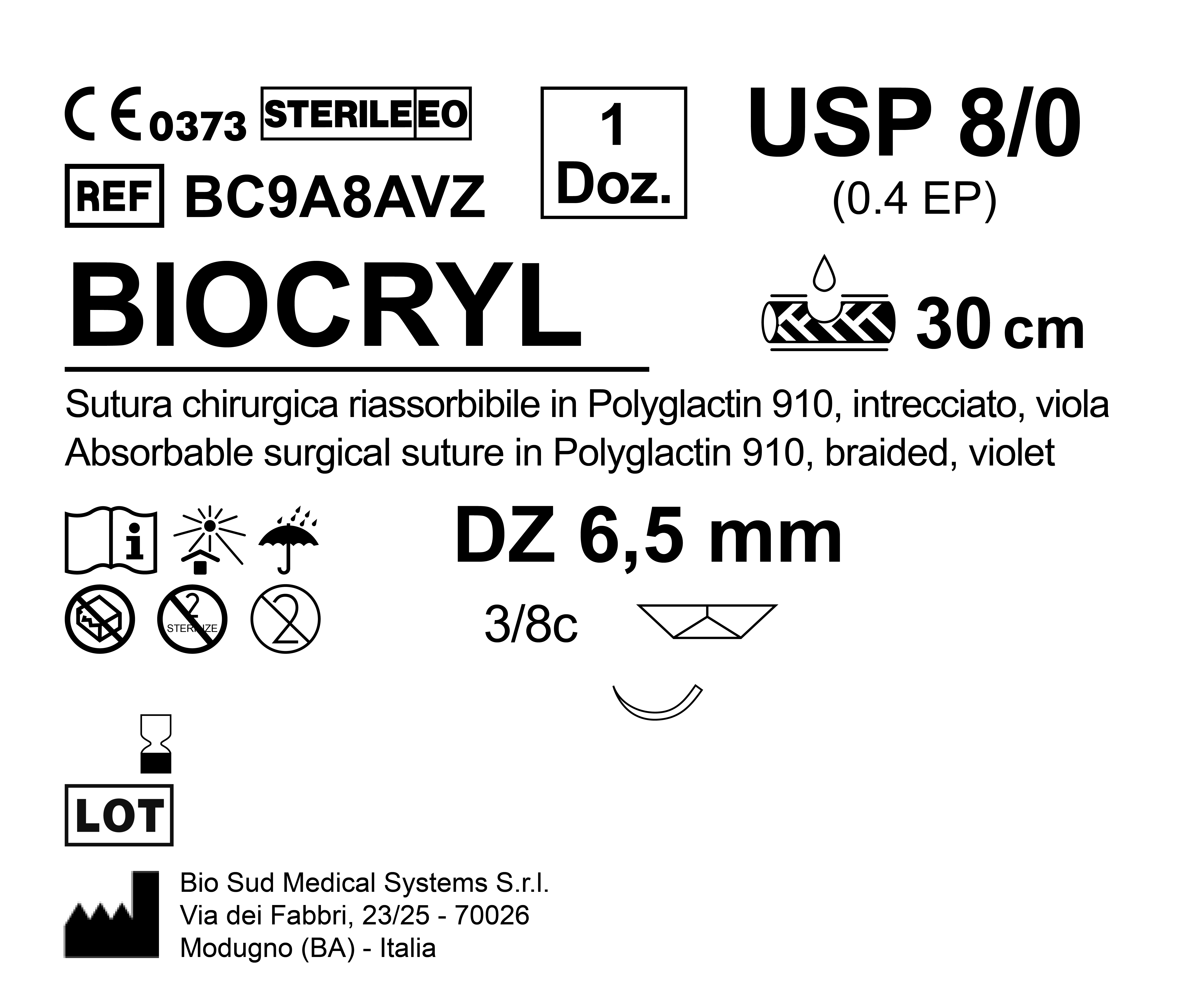 Sutura Biocryl DZ 6.5 USP 8-0 - EP 0.4 30 cm Violet Box 12 pcs