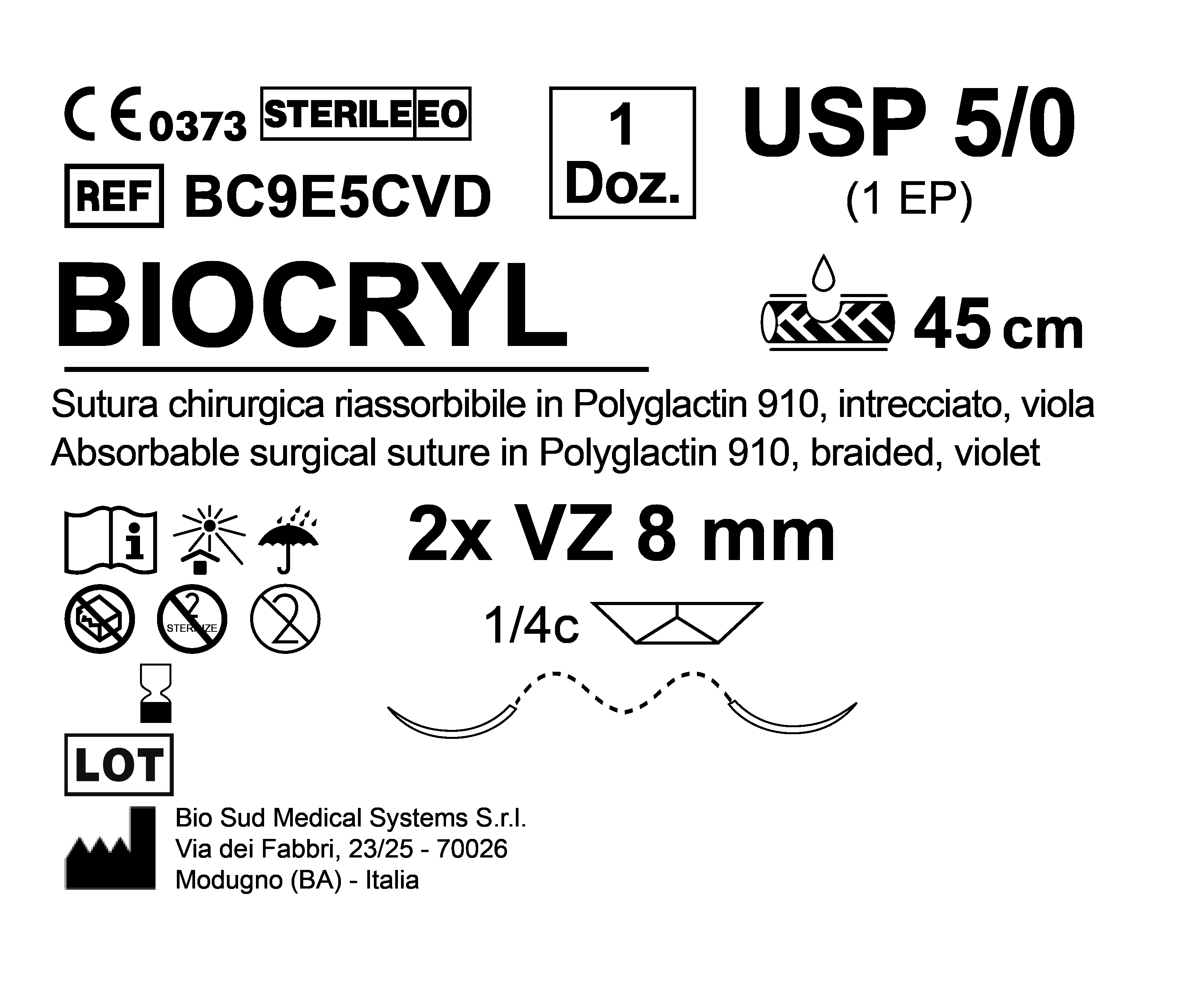 Sutura Biocryl VZ 8 USP 5-0 - EP 1 45 cm Violet Double Armed  N.12 Bs. per Box