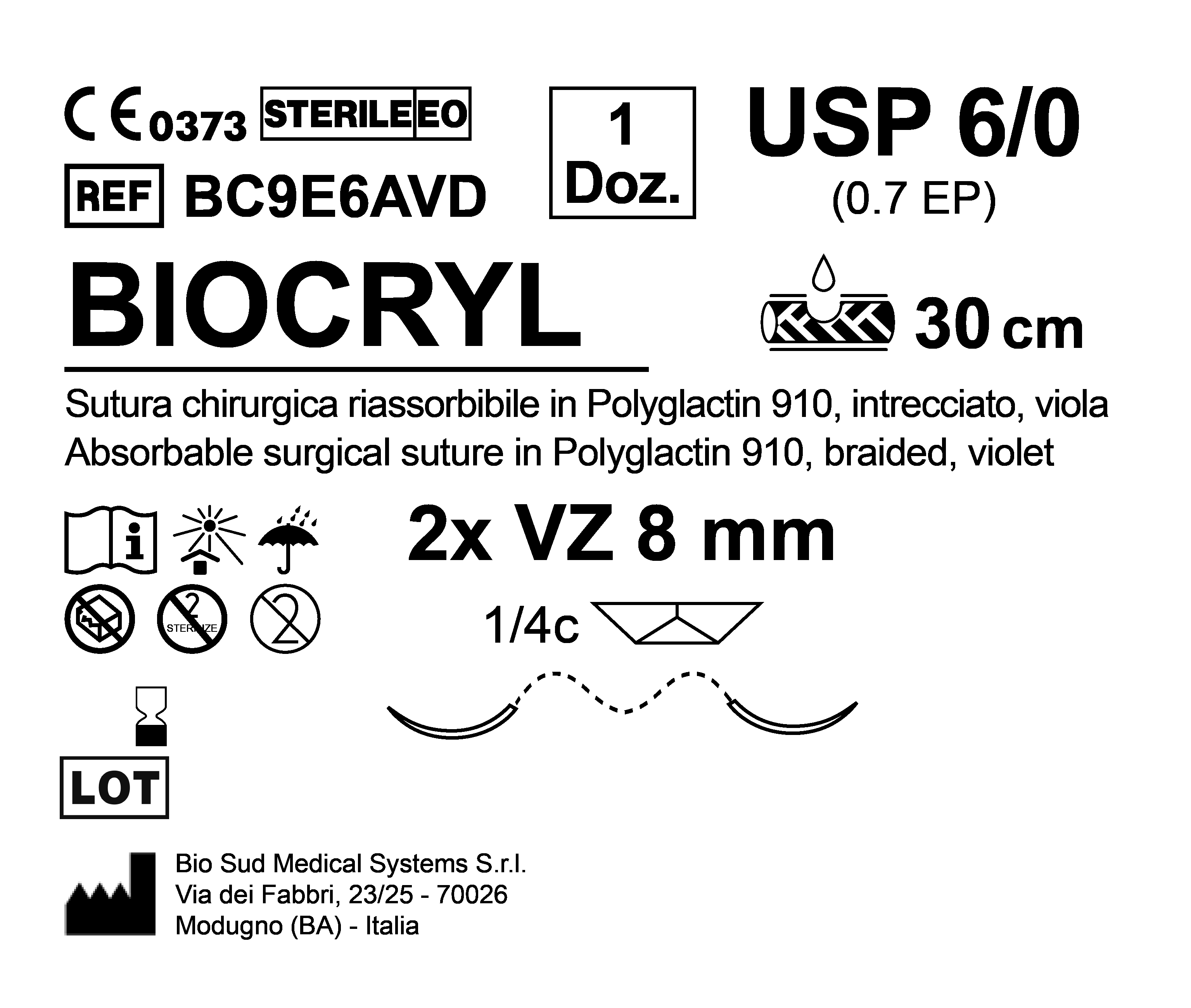 Sutura Biocryl VZ 8 USP 6-0 - EP 0.7 30 cm Violet Double Armed  N.12 Bs. per Box