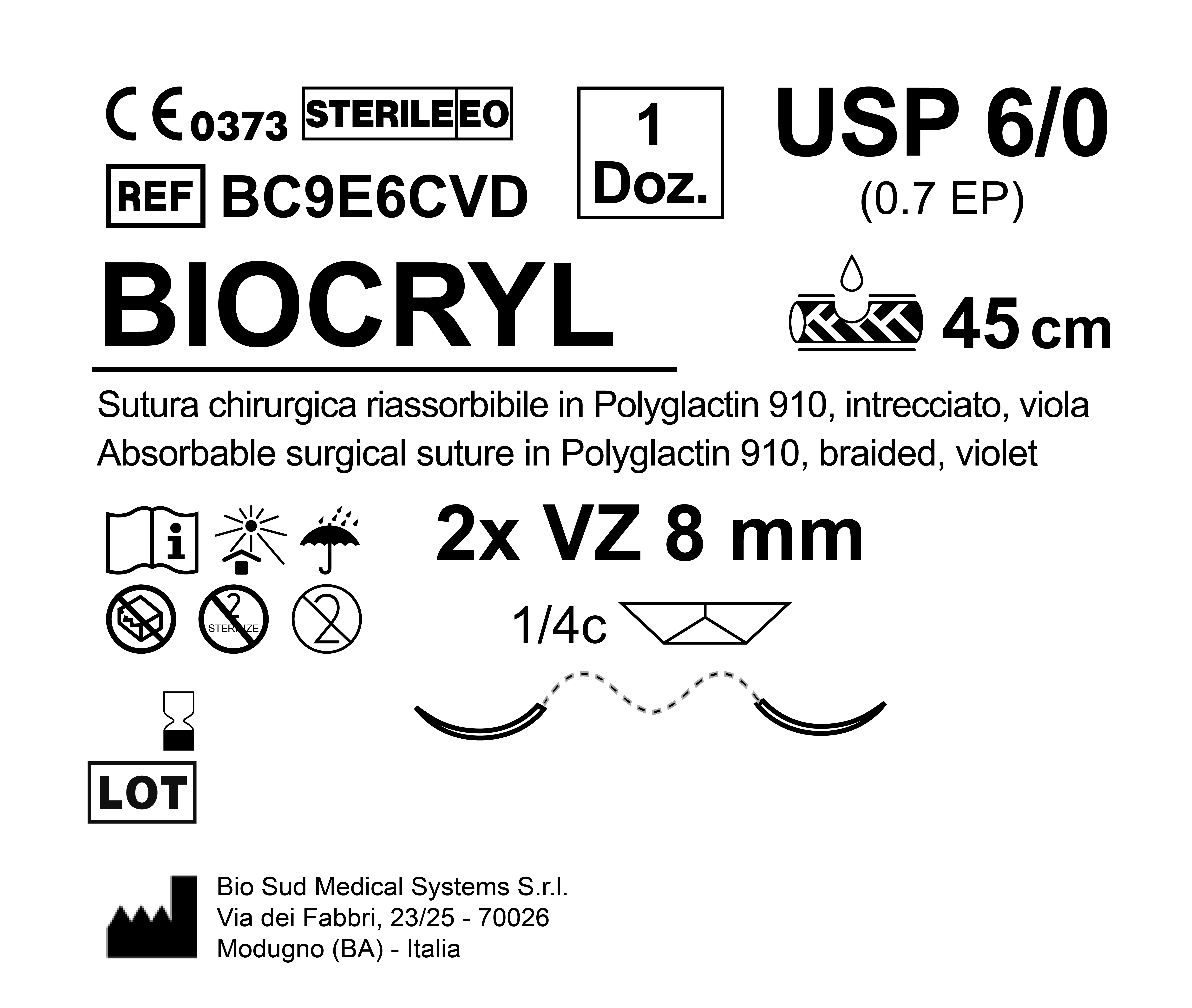 Sutura Biocryl VZ 8 USP 6-0 - EP 0.7 45 cm Violet Double Armed  N.12 Bs. per Box