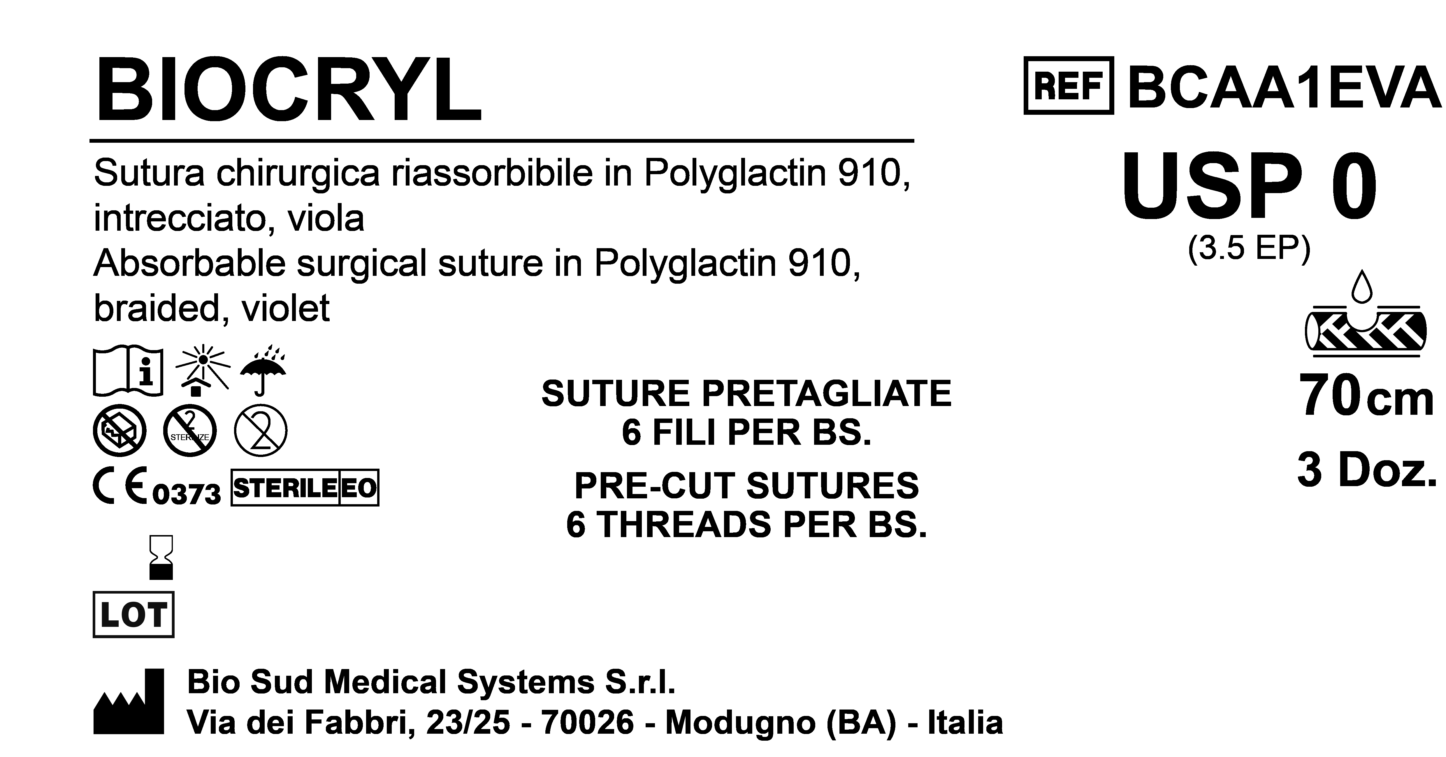 Sutura Biocryl Precutted USP 0 - EP 3.5 70 cm Violet Bs. 36 x 6 Threads