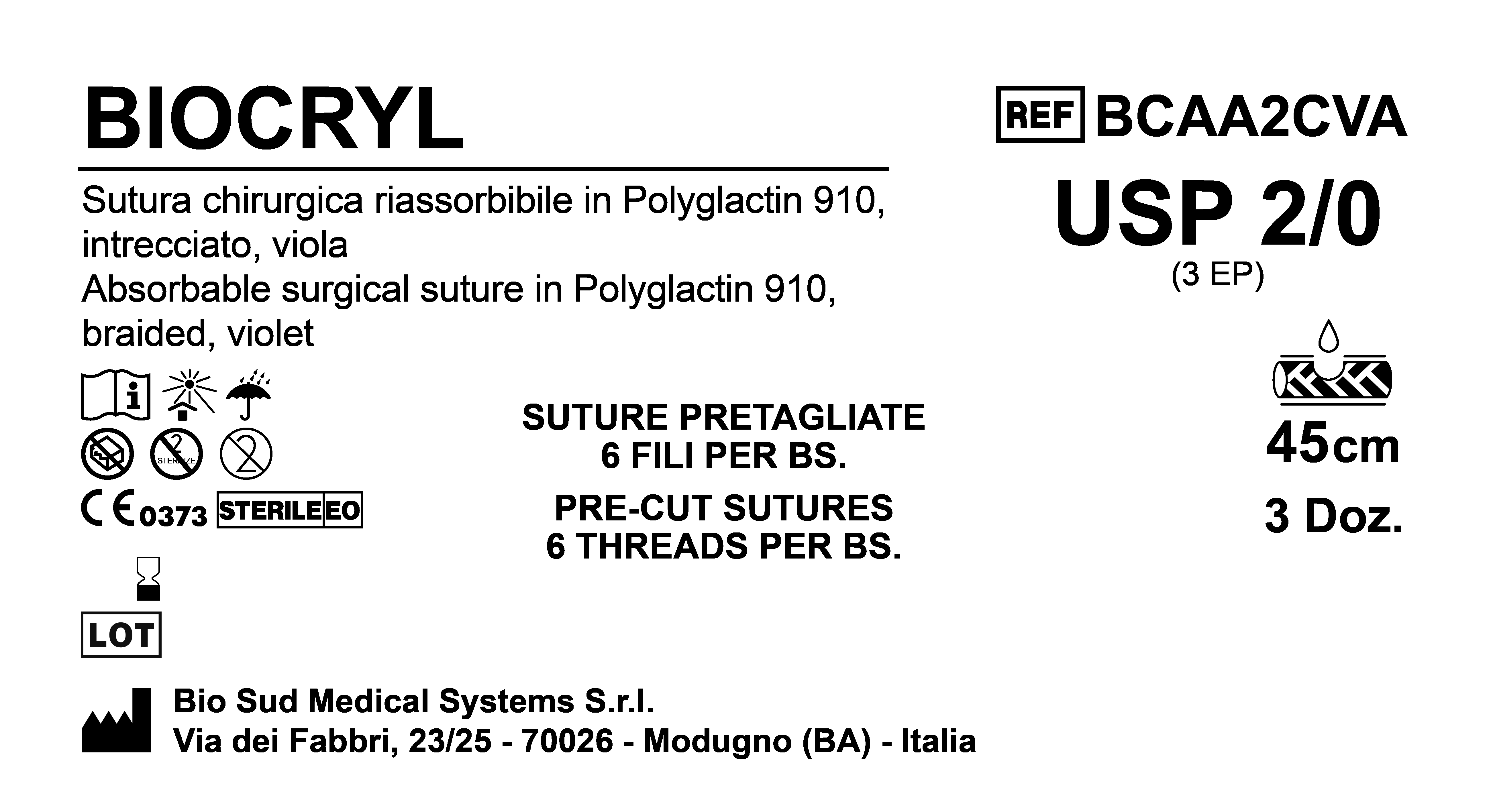 Sutura Biocryl Precutted USP 2-0 - EP 3 45 cm Violet Bs. 36 x 6 Threads